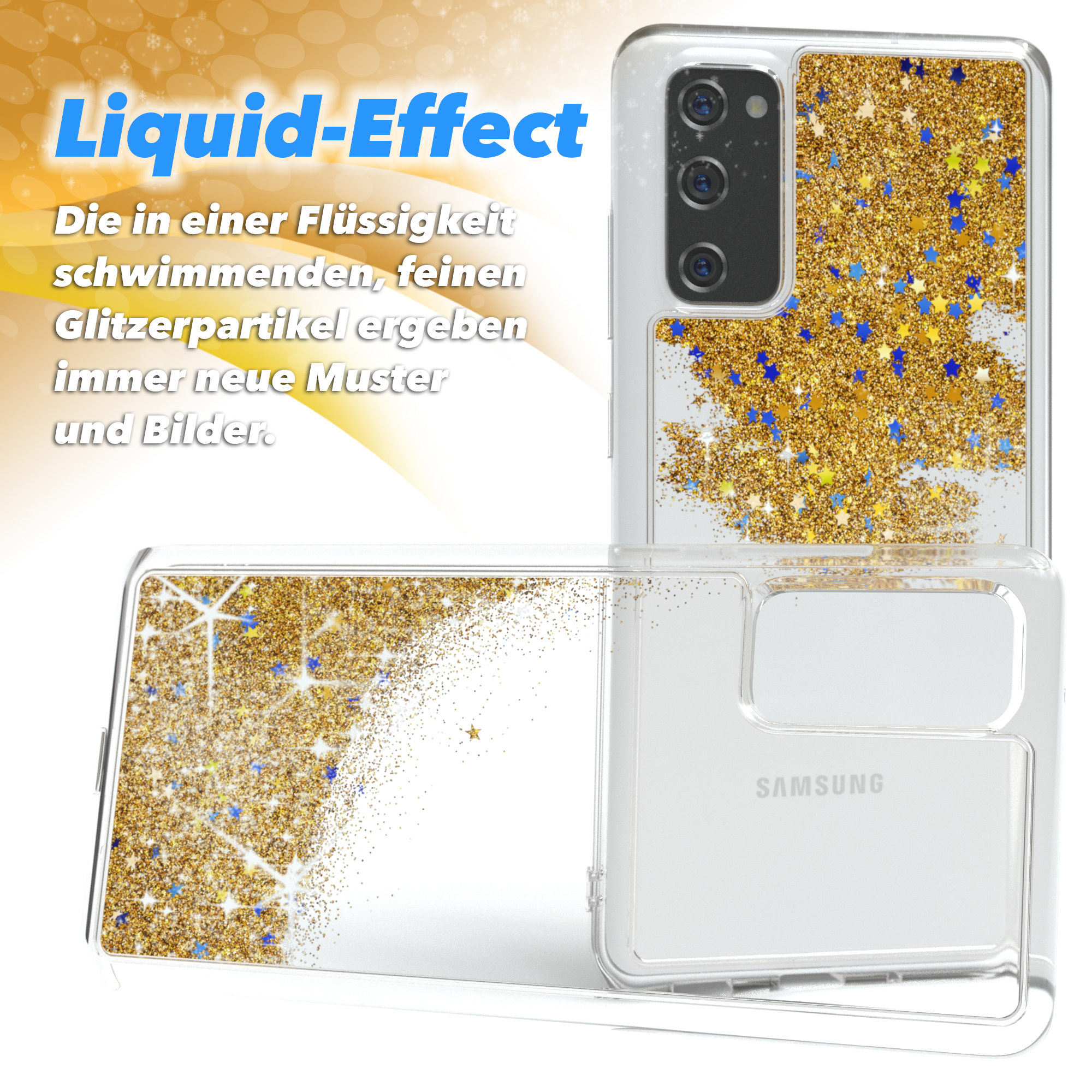 Transparente Handyhülle mit goldenem Glitzer und blauen Sternen. Text: Liquid-Effekt. Zwei Handys sind sichtbar.