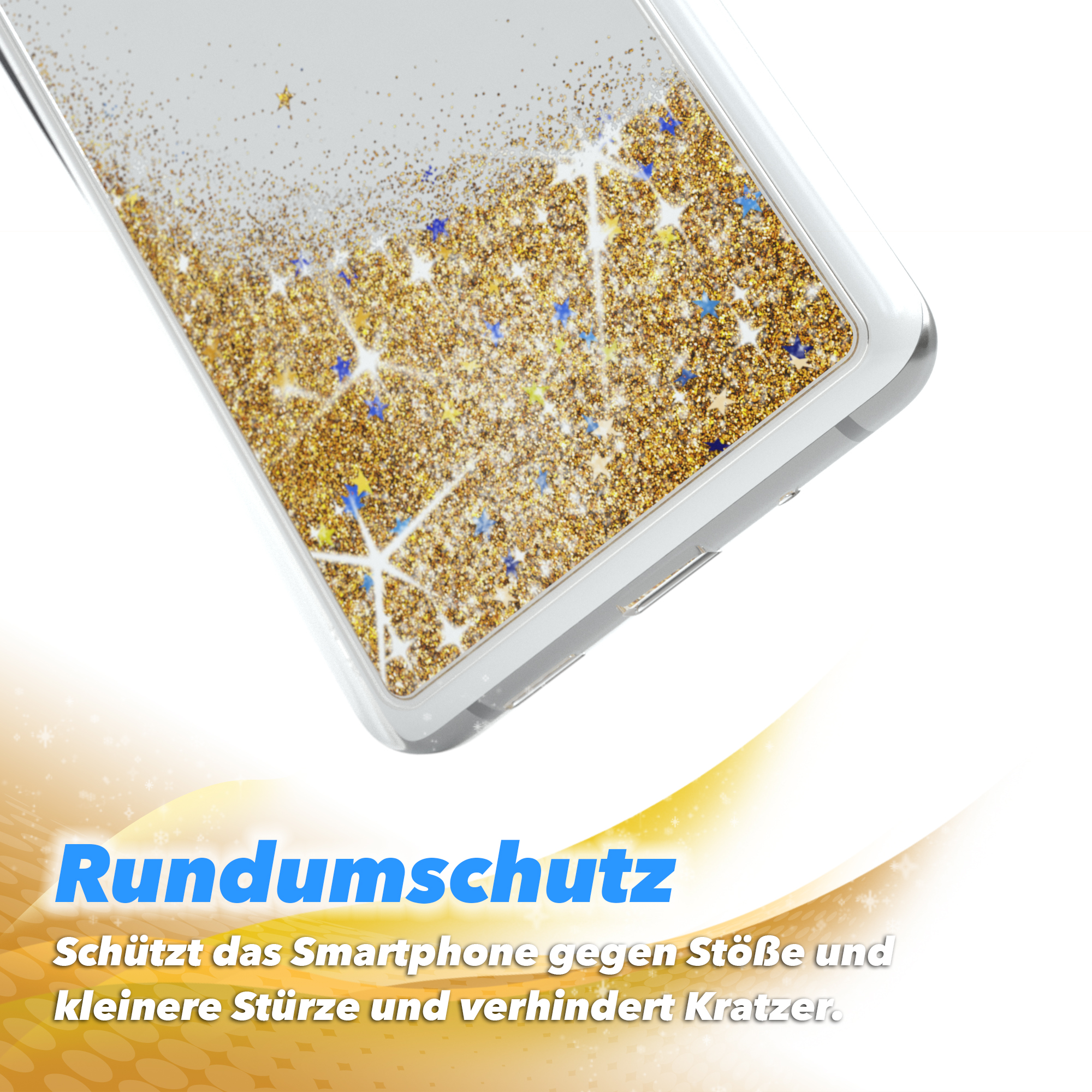 Handyhülle mit goldenen Glitzersternen. Schützt vor Stößen und Kratzern.