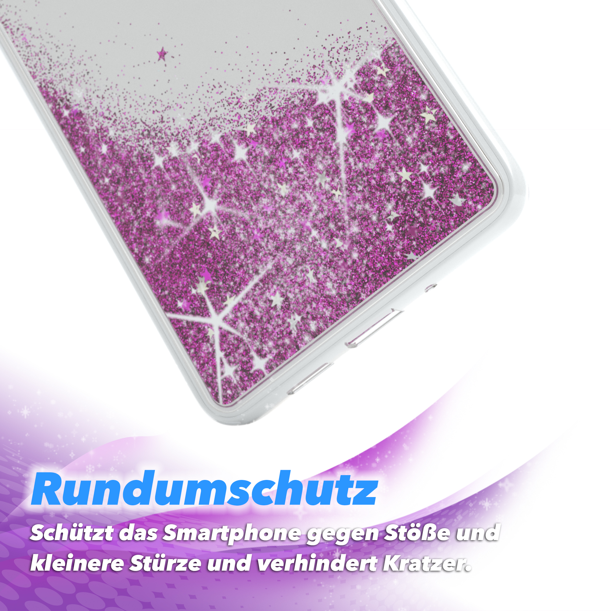 Glitzer-Handyhülle. Pinke Glitzerpartikel. Text: Schützt das Smartphone vor Stößen und Kratzern.