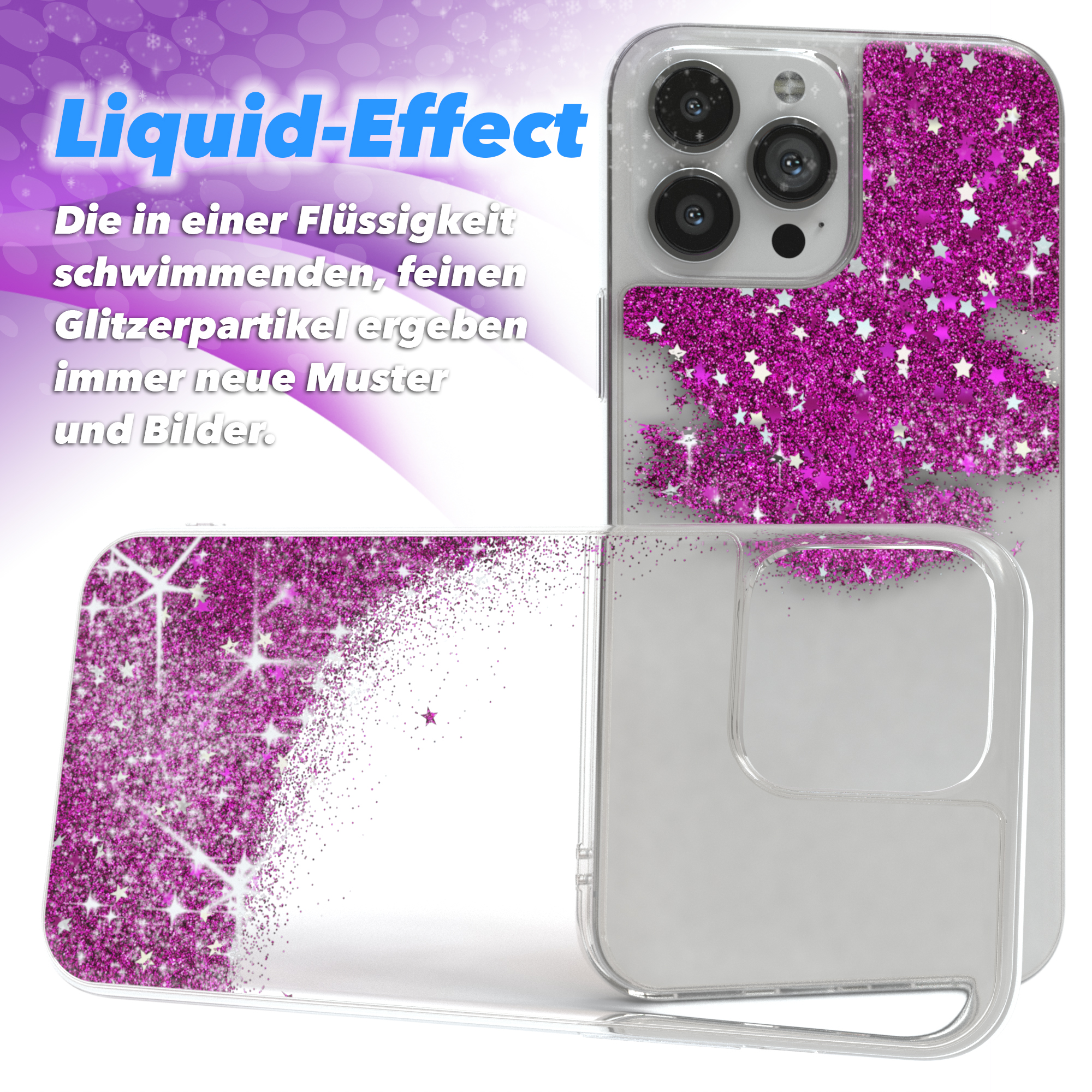 Transparente Handyhülle mit rosa Glitzer und Sternen. Das Telefon ist auf weißem Hintergrund.