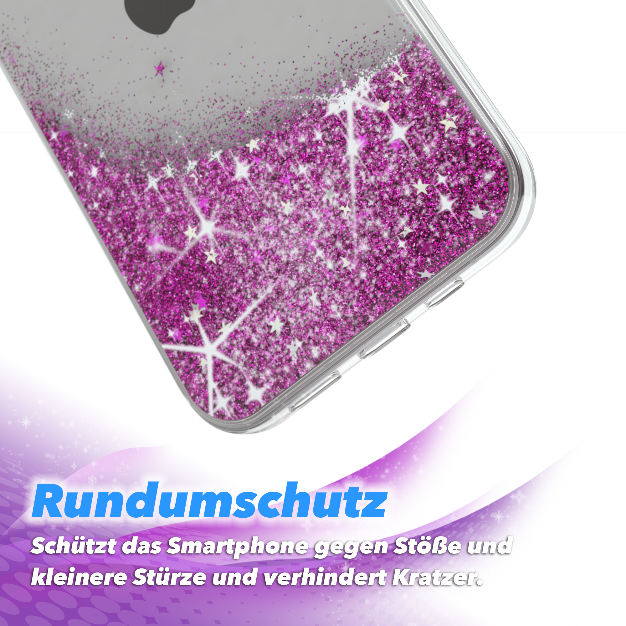 Nahaufnahme einer Handyhülle mit pinkem Glitzer und Sternen, schützt ein Telefon.