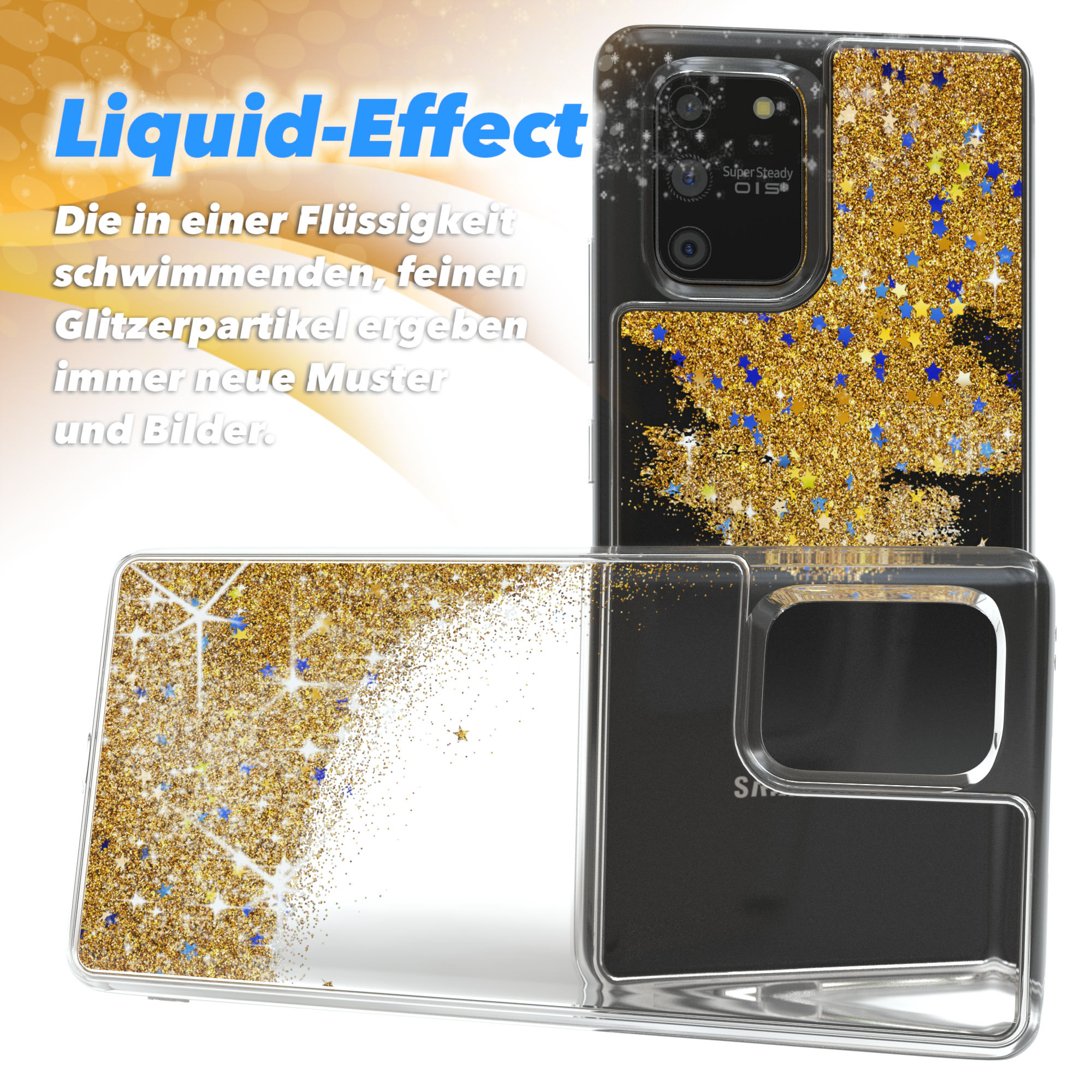 Handyhülle, Goldglitzereffekt. Text: Liquid-Effekt. Gold und blauer Glitzer. Klare Hülle.