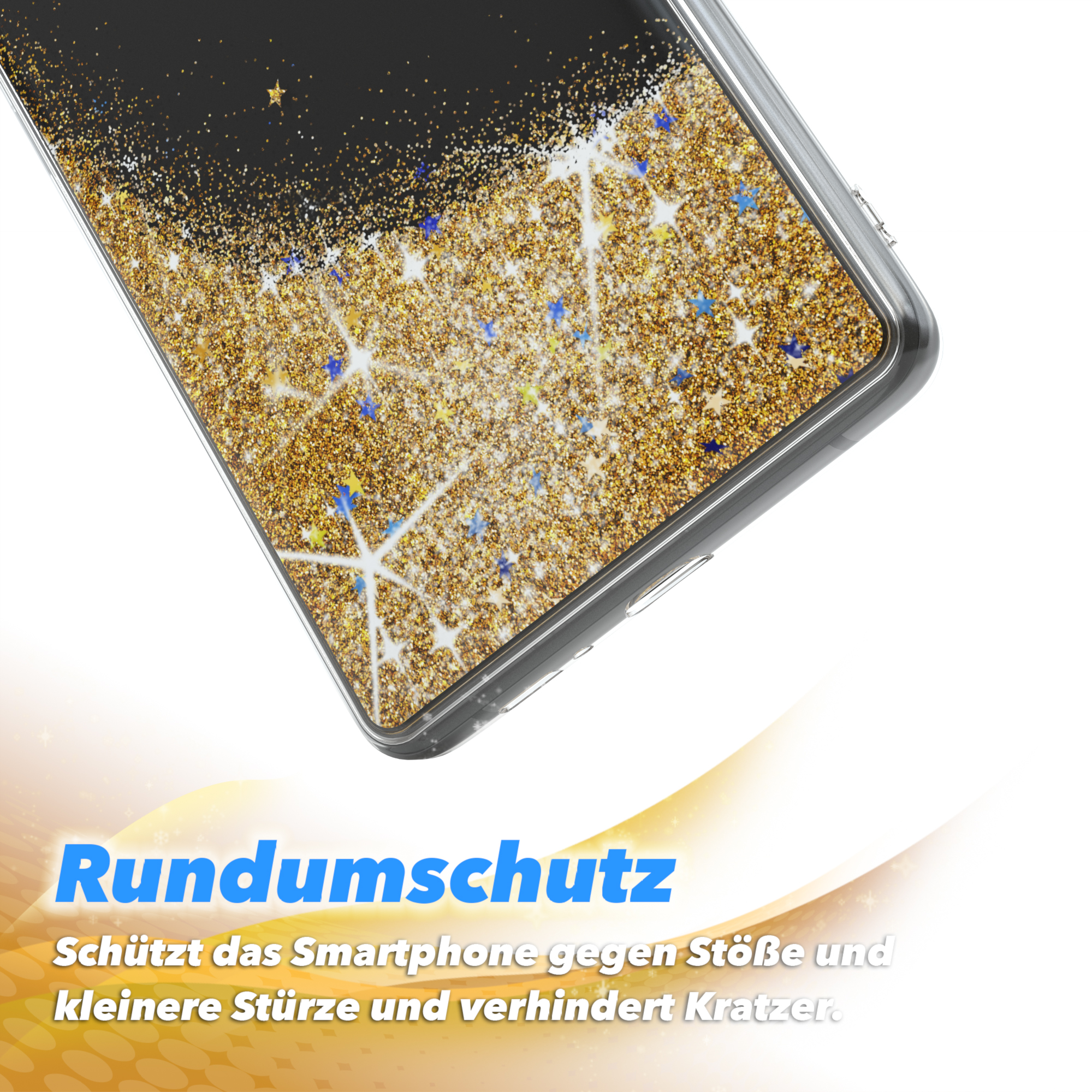 Nahaufnahme einer Handyhülle mit goldenem Glitzer und Sternen mit dem Text 'Rundumschutz'.