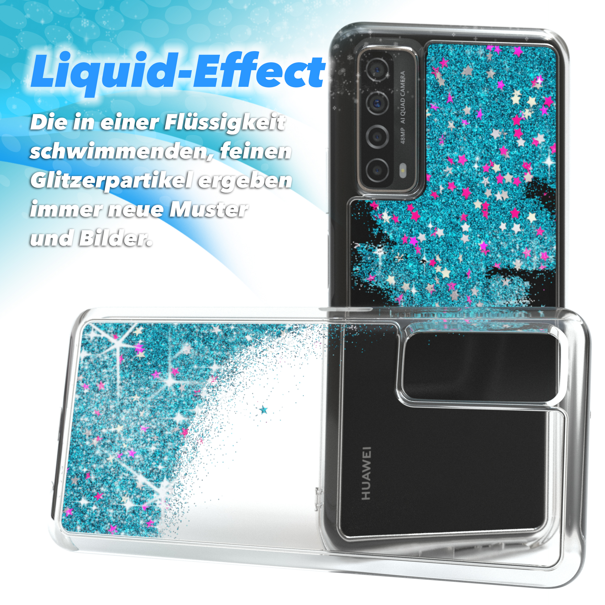 (2021) Blau Huawei, EAZY P Backcover, Glitzerhülle Y7a, Smart Flüssig, / CASE