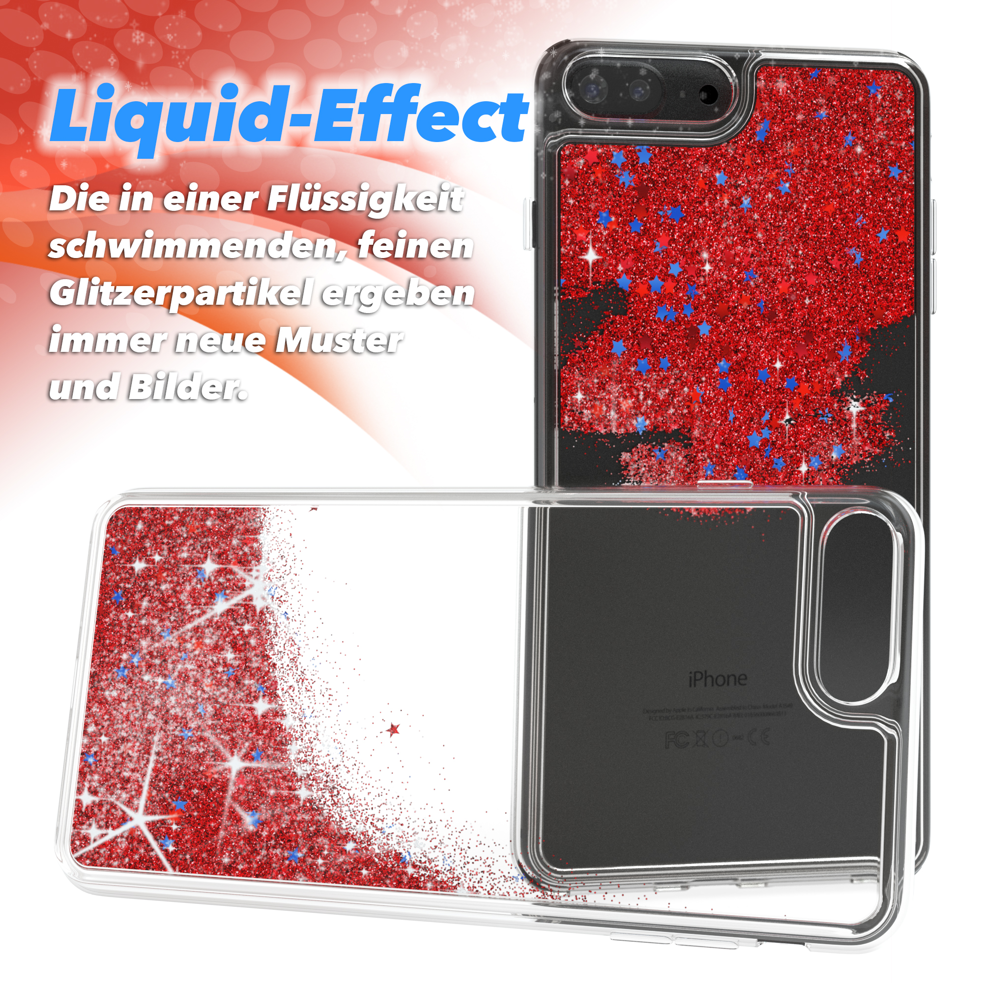 Handyhülle mit Rot-Glitzer-Effekt. Rote Sterne und Glitzer auf dem Display.