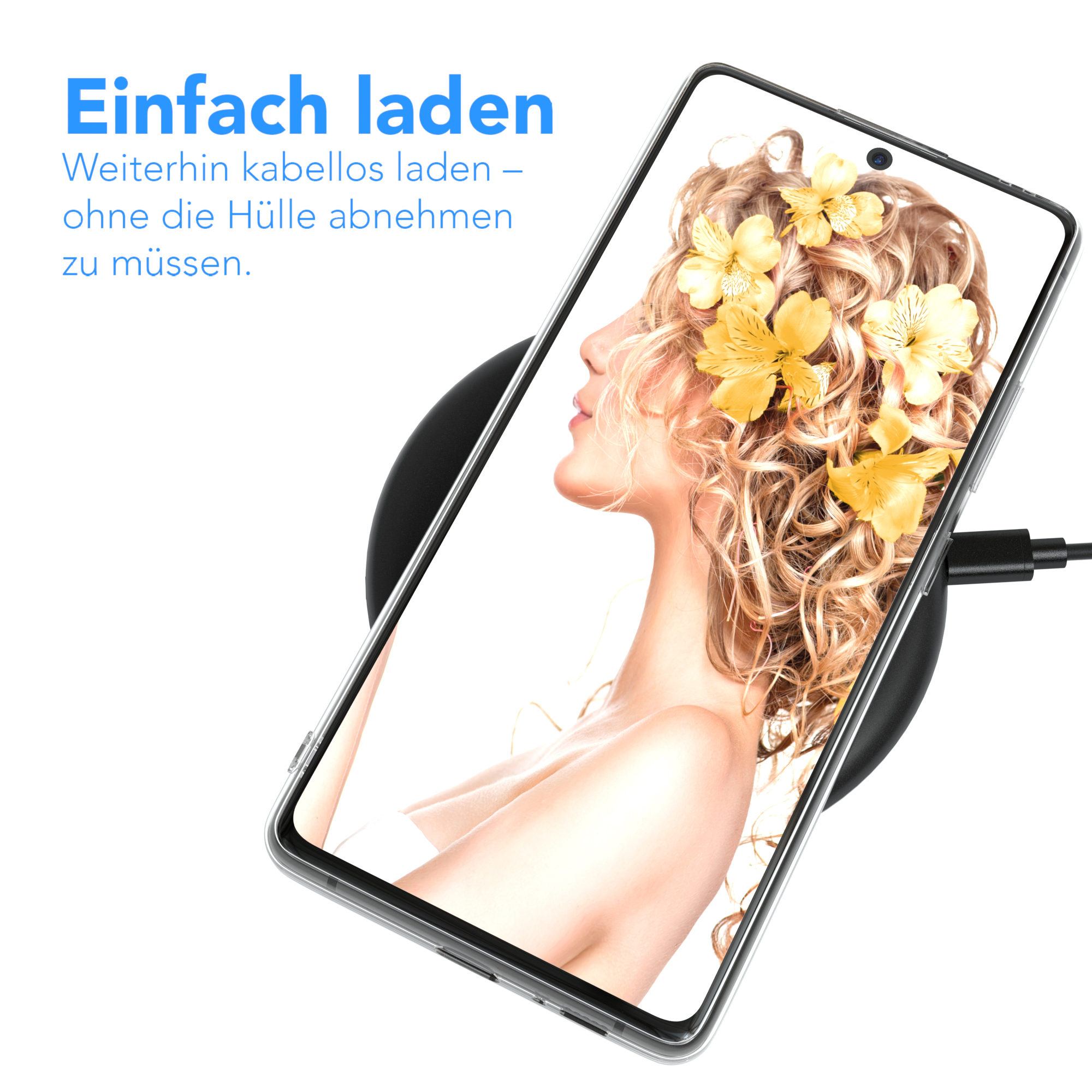 Frauengesicht mit Blumen auf einem Telefonbildschirm. Das Telefon liegt auf einem schwarzen Ladegerät.