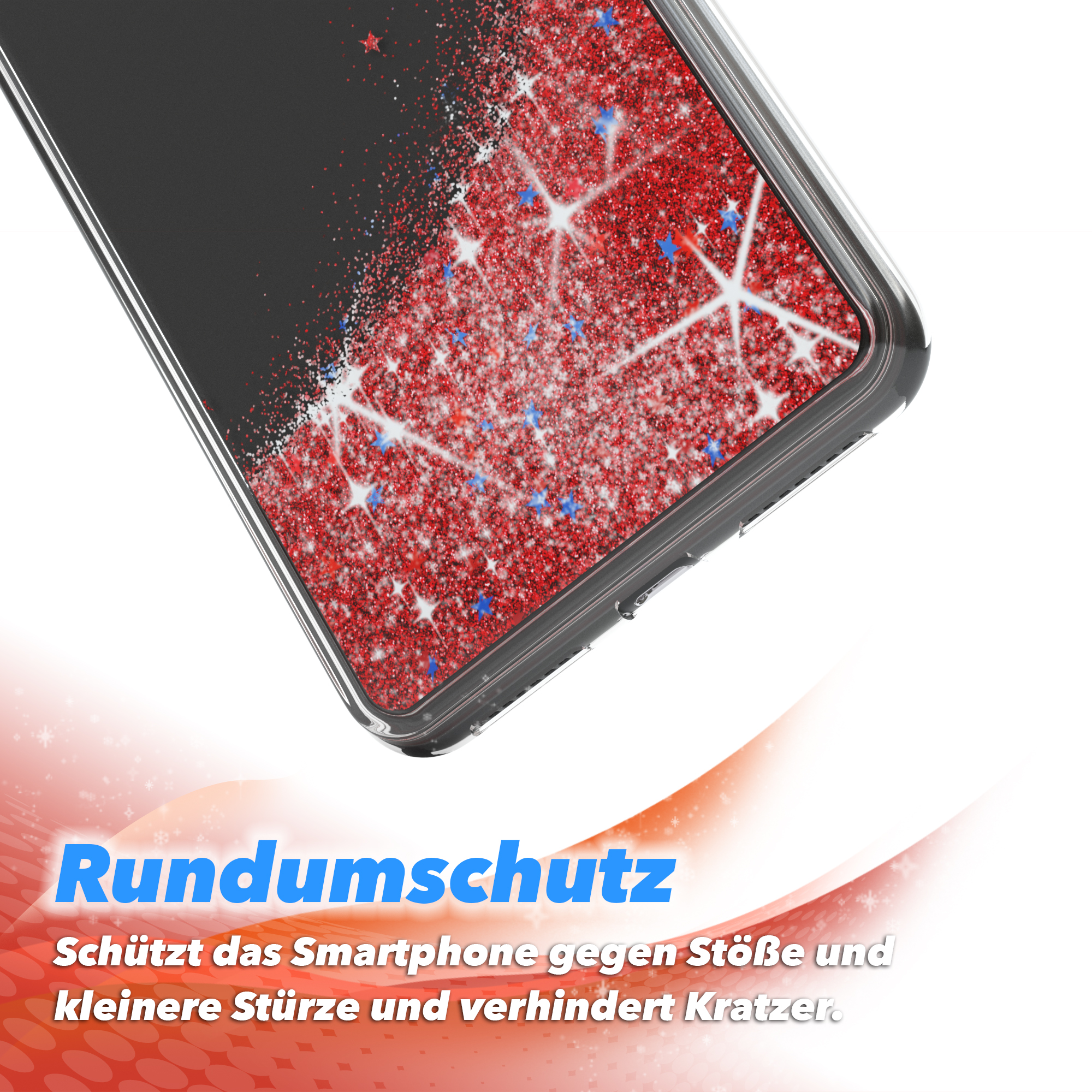 Nahaufnahme einer Handyhülle mit rotem Glitzerdesign und einem schwarzen Bereich. Weißer Hintergrund, rote und blaue Details.
