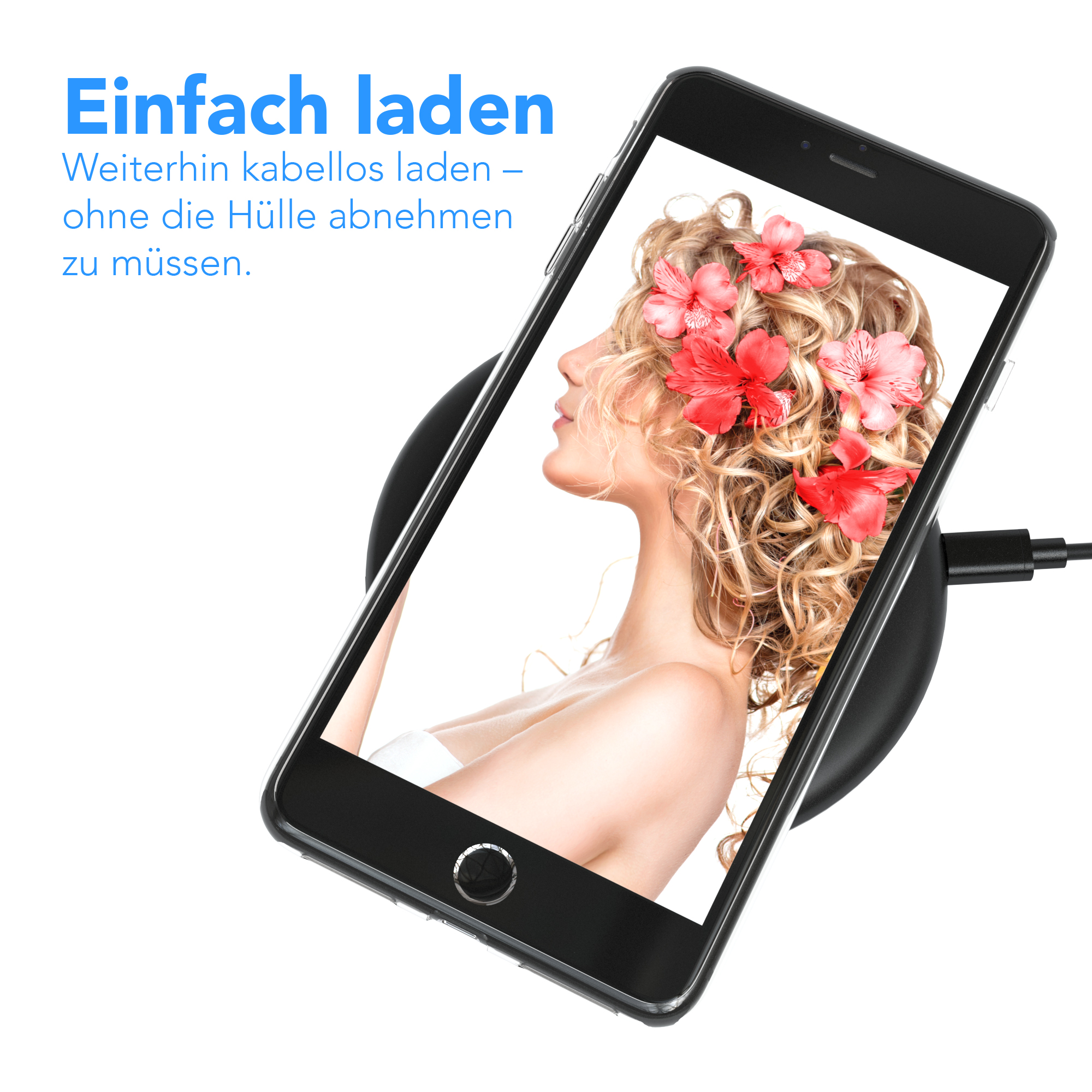 Schwarzes Telefon auf Ladepad. Bildschirm zeigt Frau mit Blumenkrone.