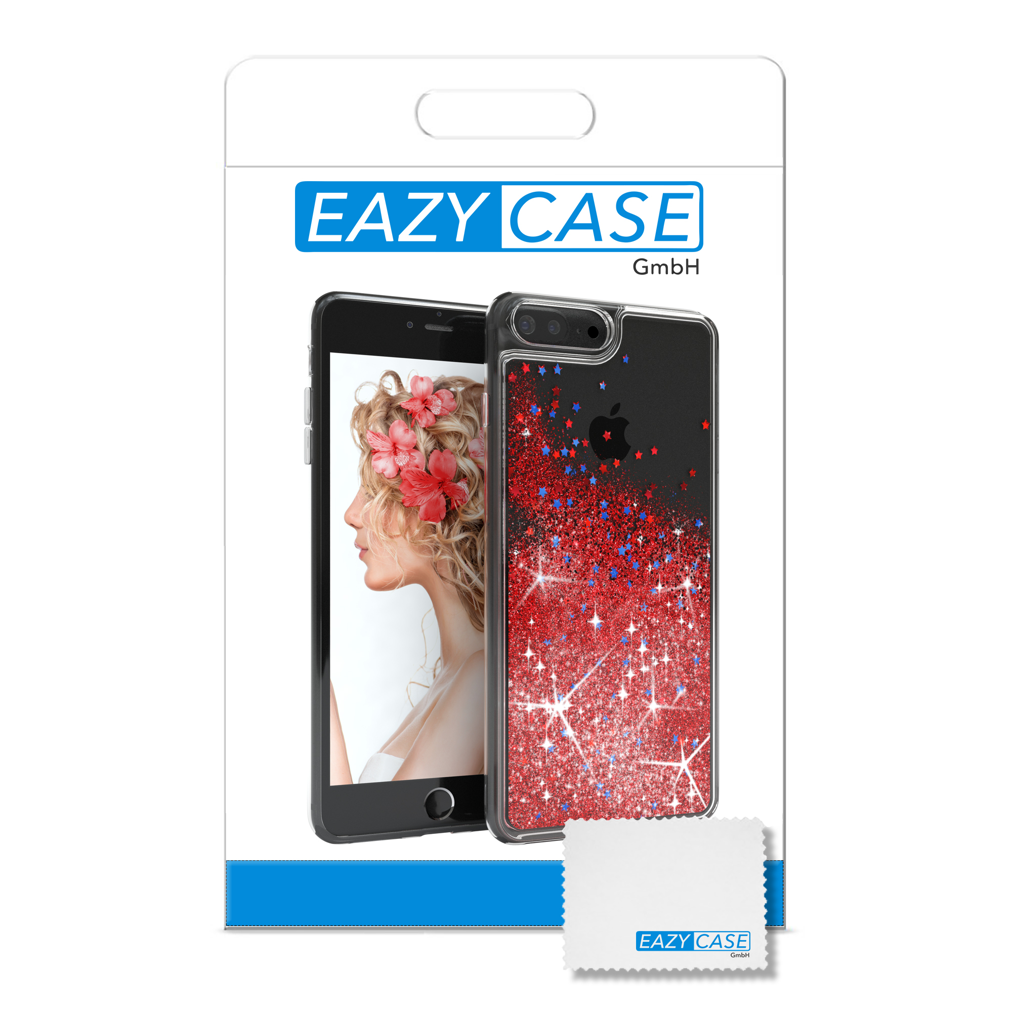 Handyhülle mit Glitzer und einem Foto. Das Etui ist in einer Verpackung, mit einem Reinigungstuch.