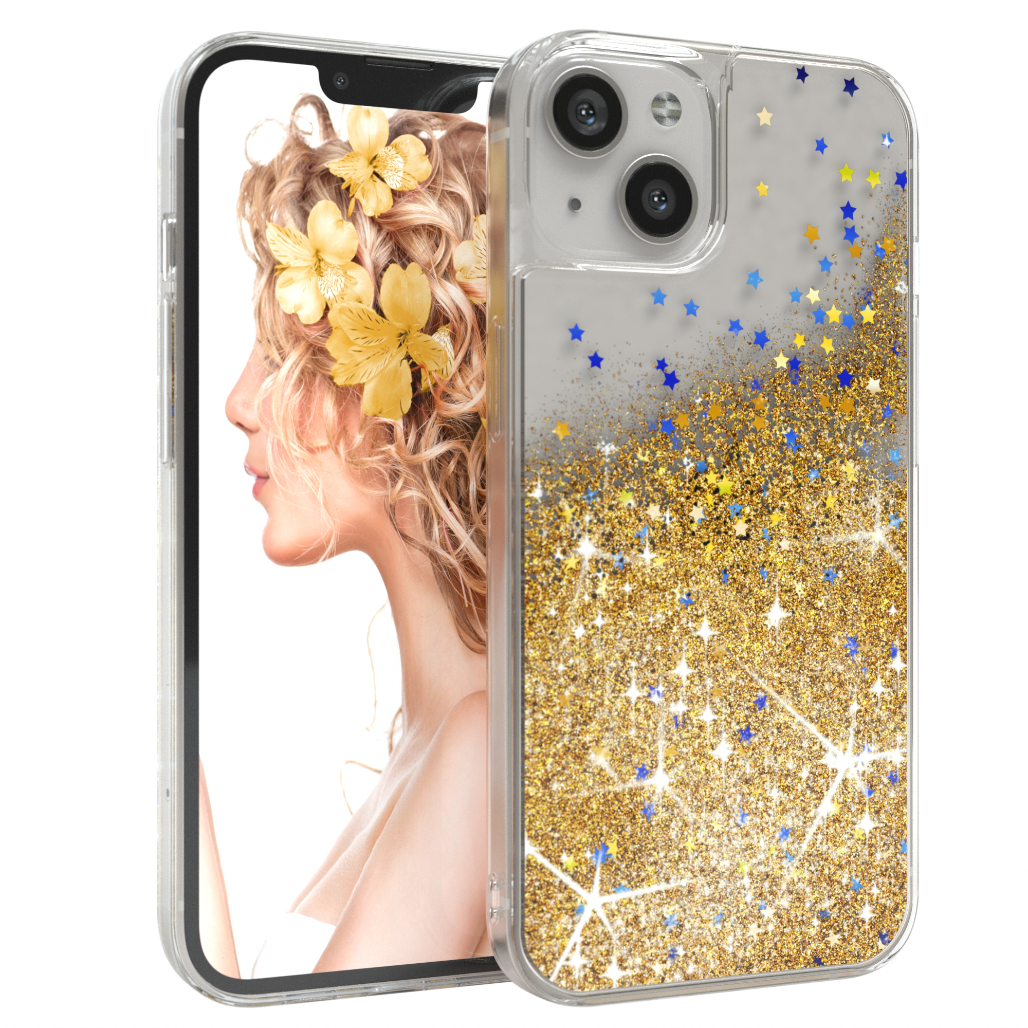 Telefon mit transparenter Hülle, Gold- und Blauglitzer. Gesicht einer Frau mit gelbem Blumenkranz.