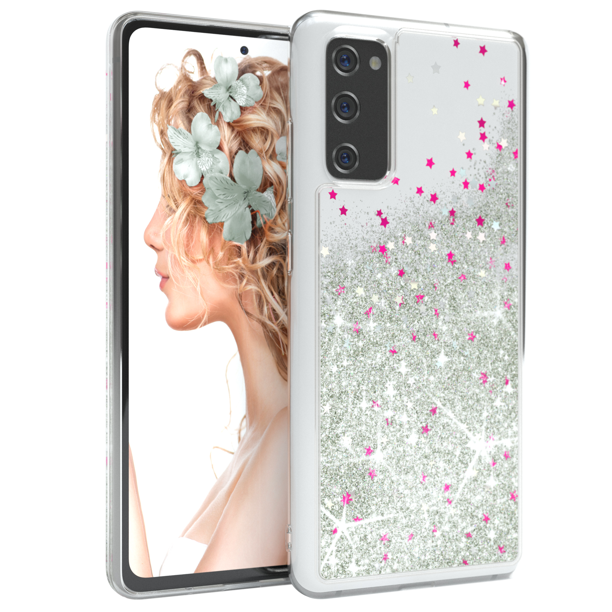 Telefon mit weißer Hülle, rosa Sterne Glitzer. Frau mit Blumen im Haar im Hintergrund.