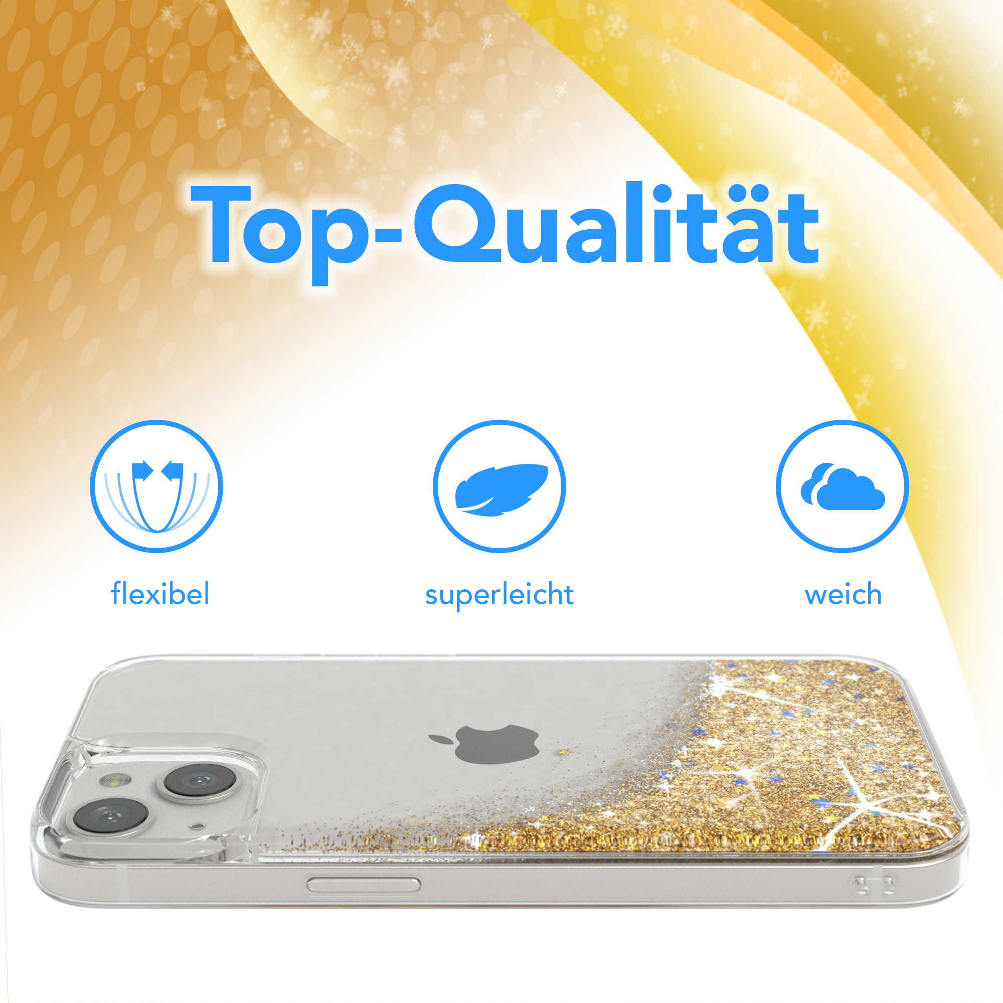 Transparente Handyhülle mit goldenem Glitzer und Sternenmuster. Text auf Deutsch.