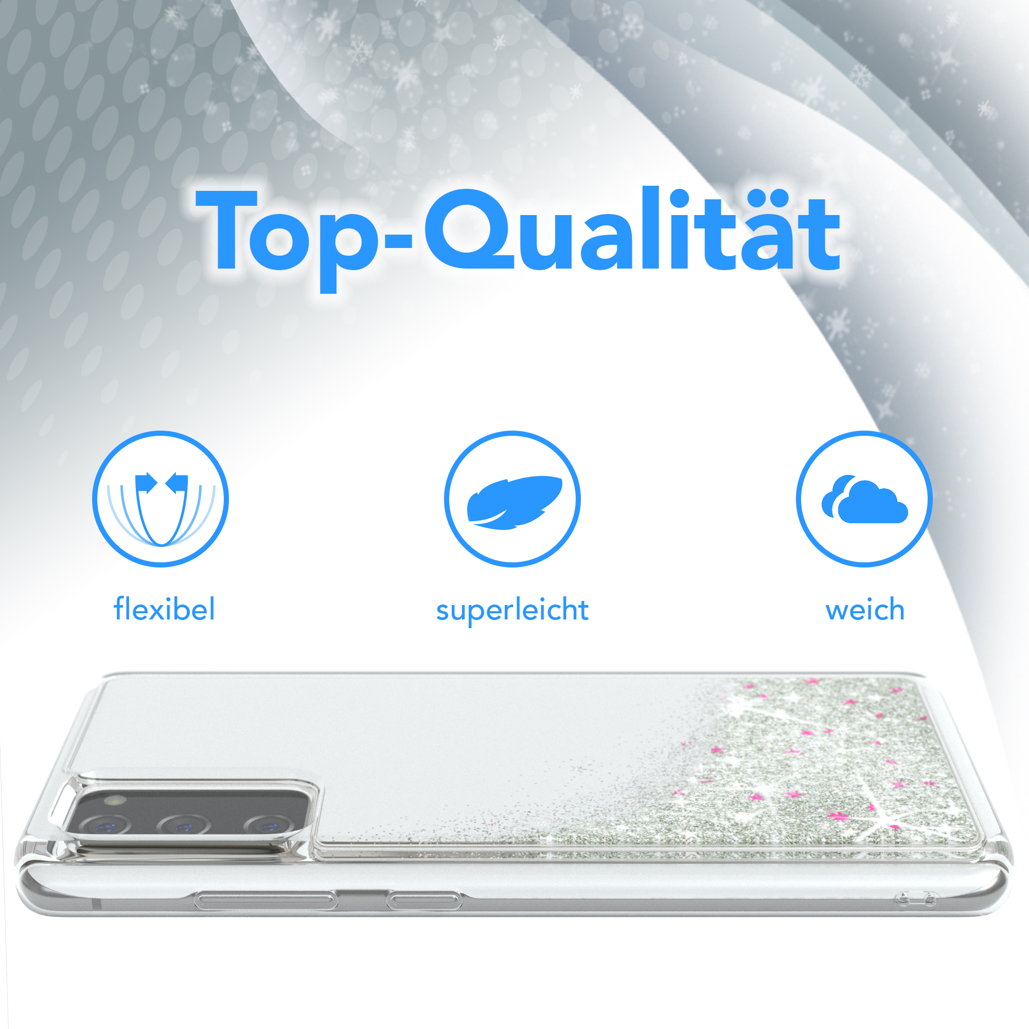 Transparente Handyhülle mit Glitzer, drei Icons: flexibel, leicht, weich.
