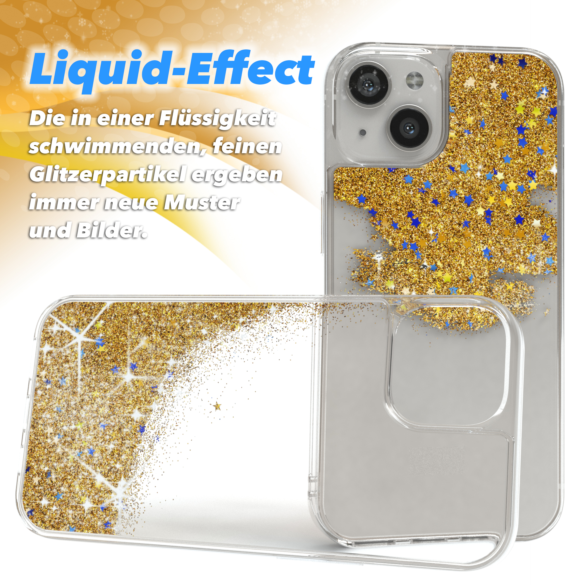 Handyhülle mit Flüssigkeitseffekt und goldenem Glitzer. Text beschreibt Glitzerpartikel, die neue Muster erzeugen.
