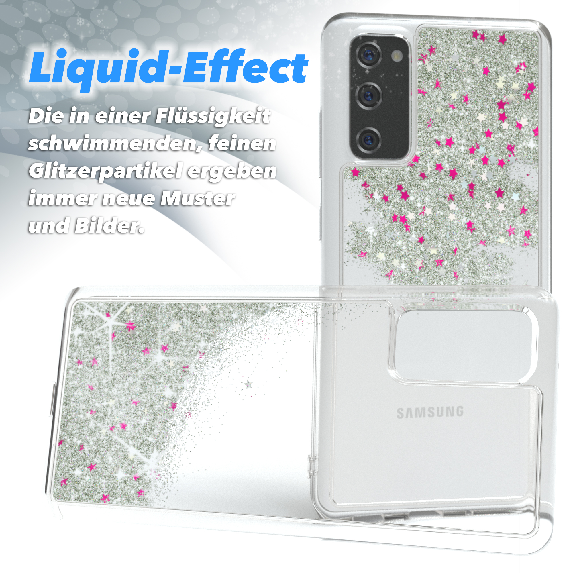 Eine Handyhülle mit Flüssigkeitseffekt, transparent mit rosa Sternen und dem Samsung-Logo.