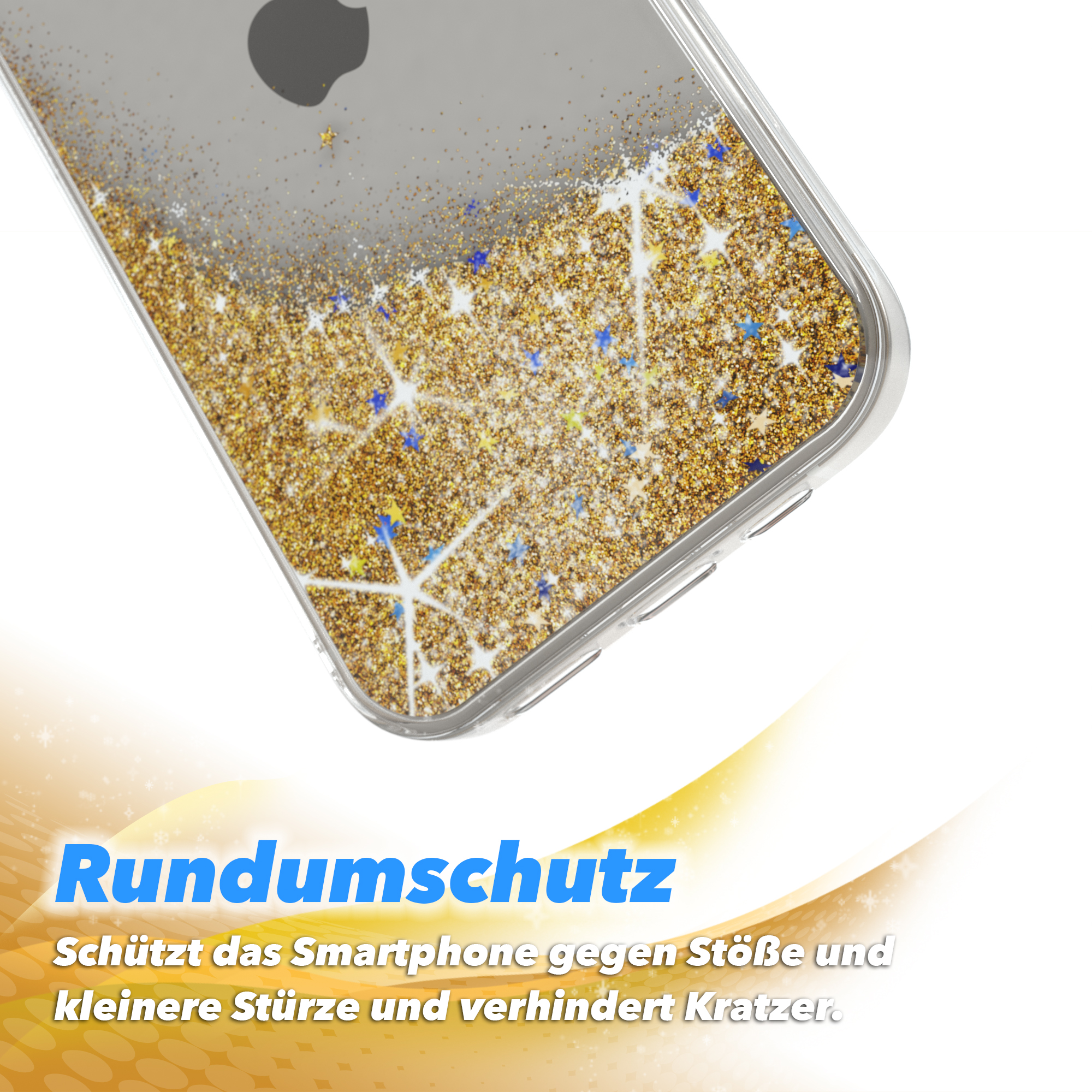 Handyhülledetail mit goldenem Glitzer und Sternen, Schutz vor Stößen und Kratzern.