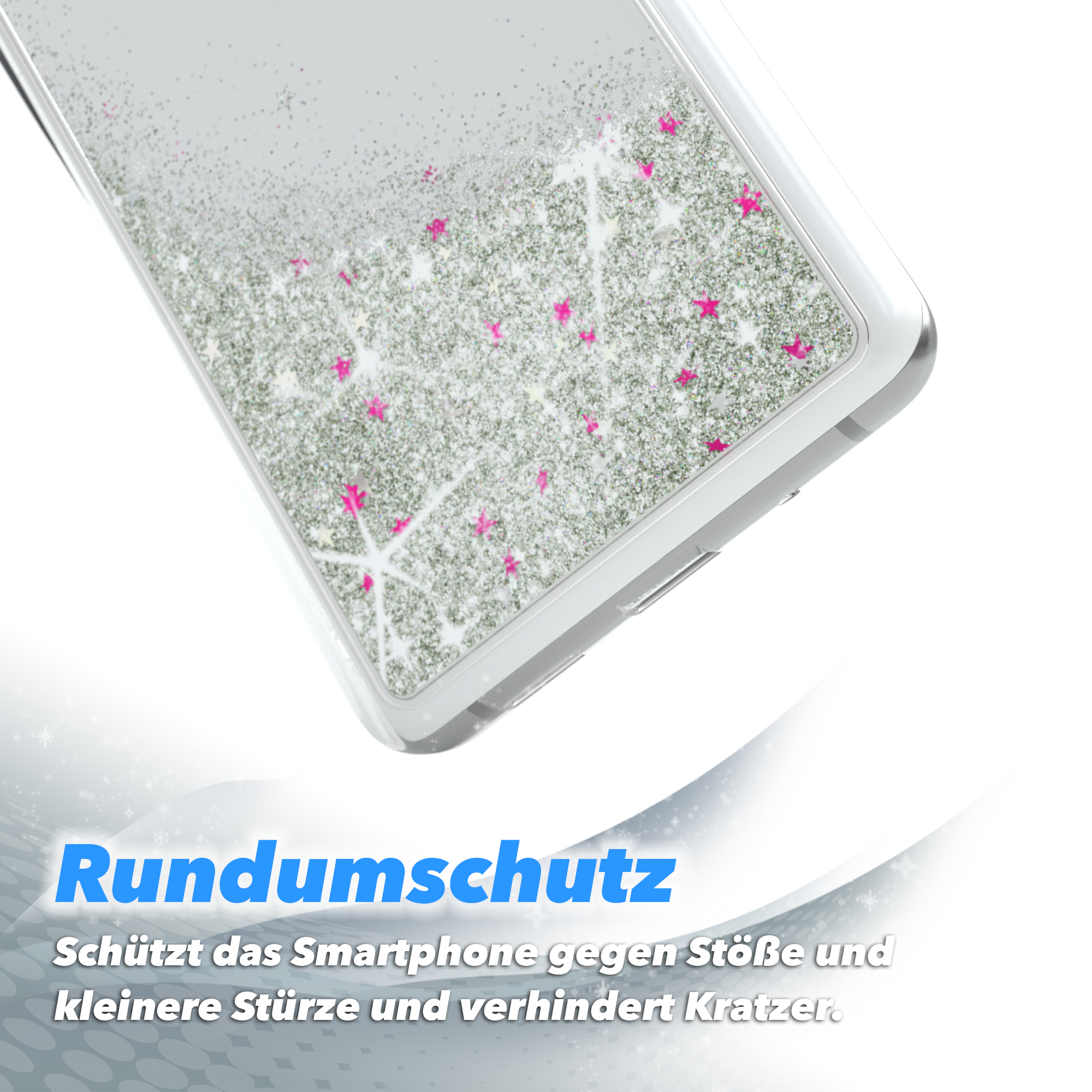Transparente Handyhülle mit Telefon, silbernem Glitzer und rosa Sternformen.