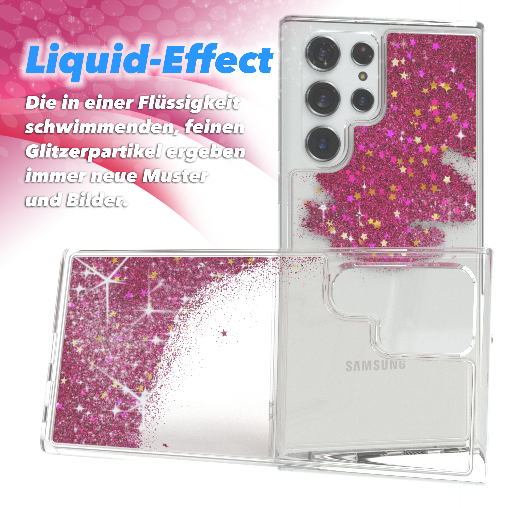 Telefon mit Hülle mit rosa Glitzer. Die Hülle ist offen. Der Hintergrund ist weiß.