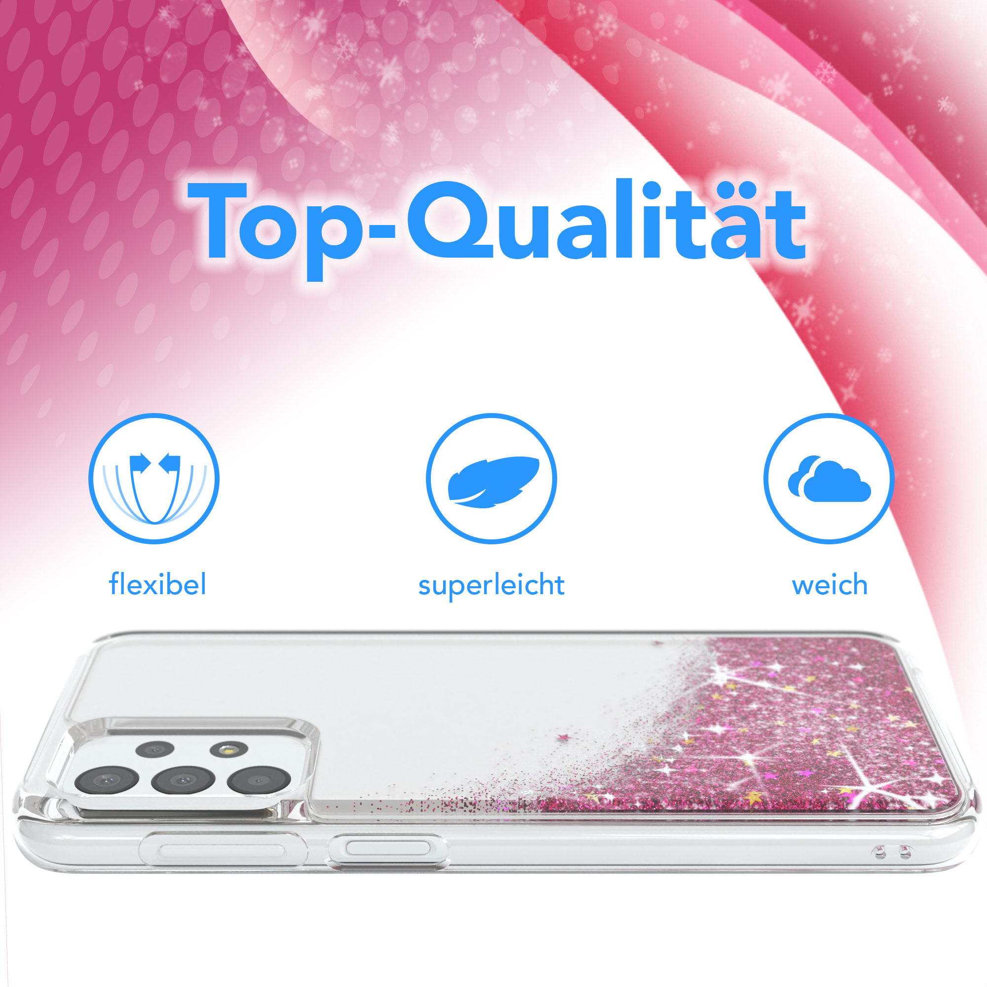 Handyhülle mit rosa Glitzer, flexibel, superleicht und weich, Top-Qualität.