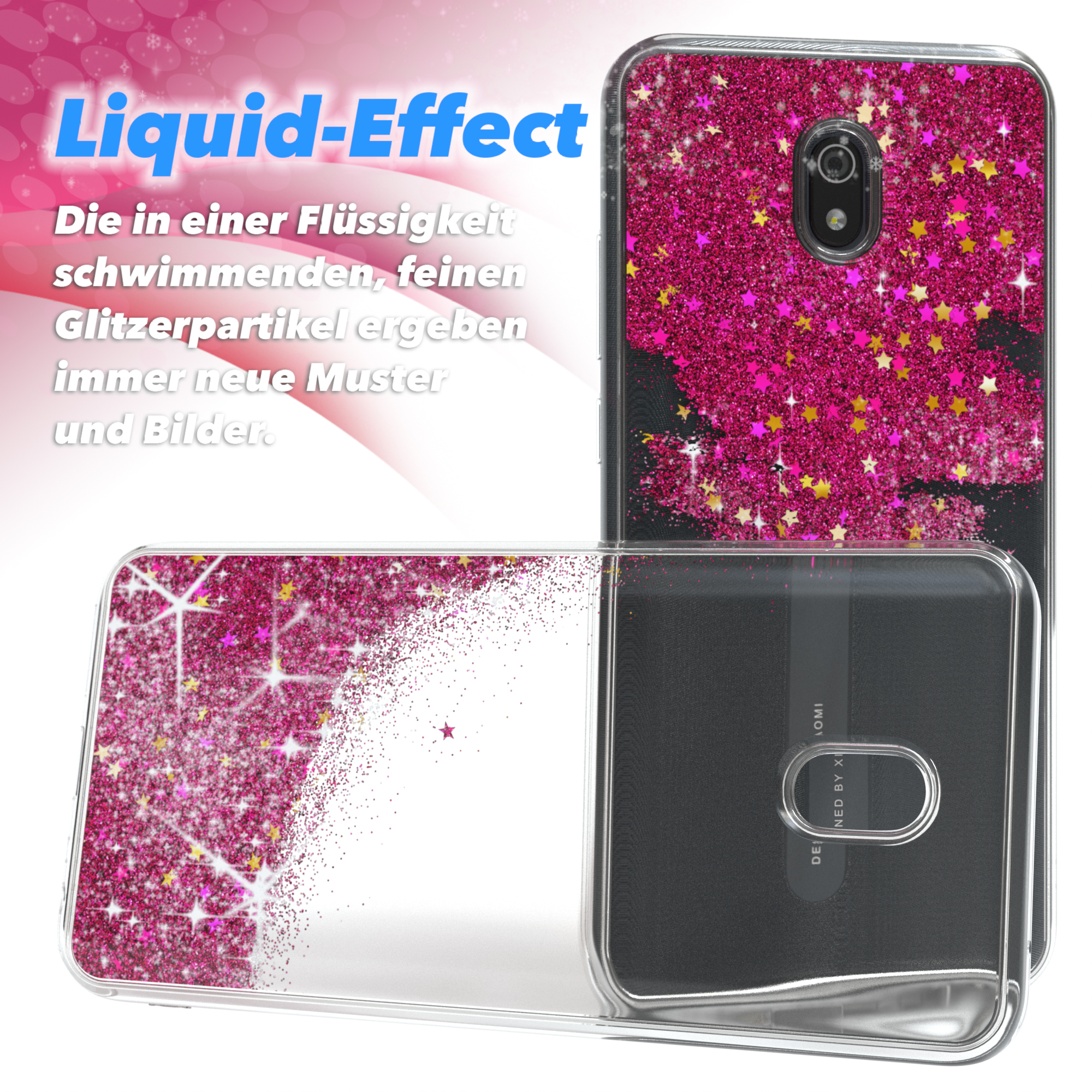 Handyhülle mit Flüssigkeitseffekt: pinke Glitzersterne, Text über Flüssigkeitseffekt.