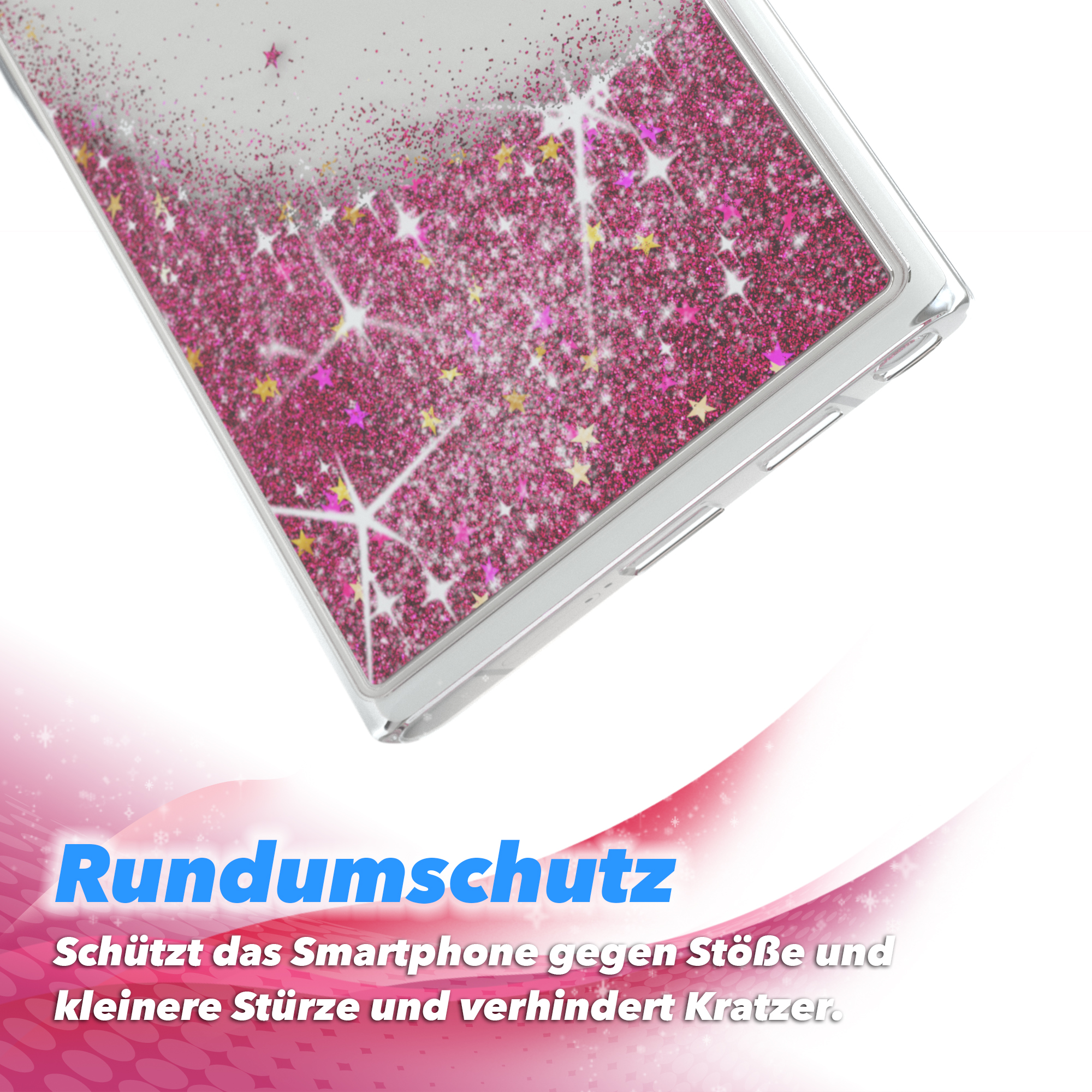 Nahaufnahme einer Handyhülle mit pinkem Glitzer und Sternen. Schützt das Smartphone vor Stößen und Kratzern.