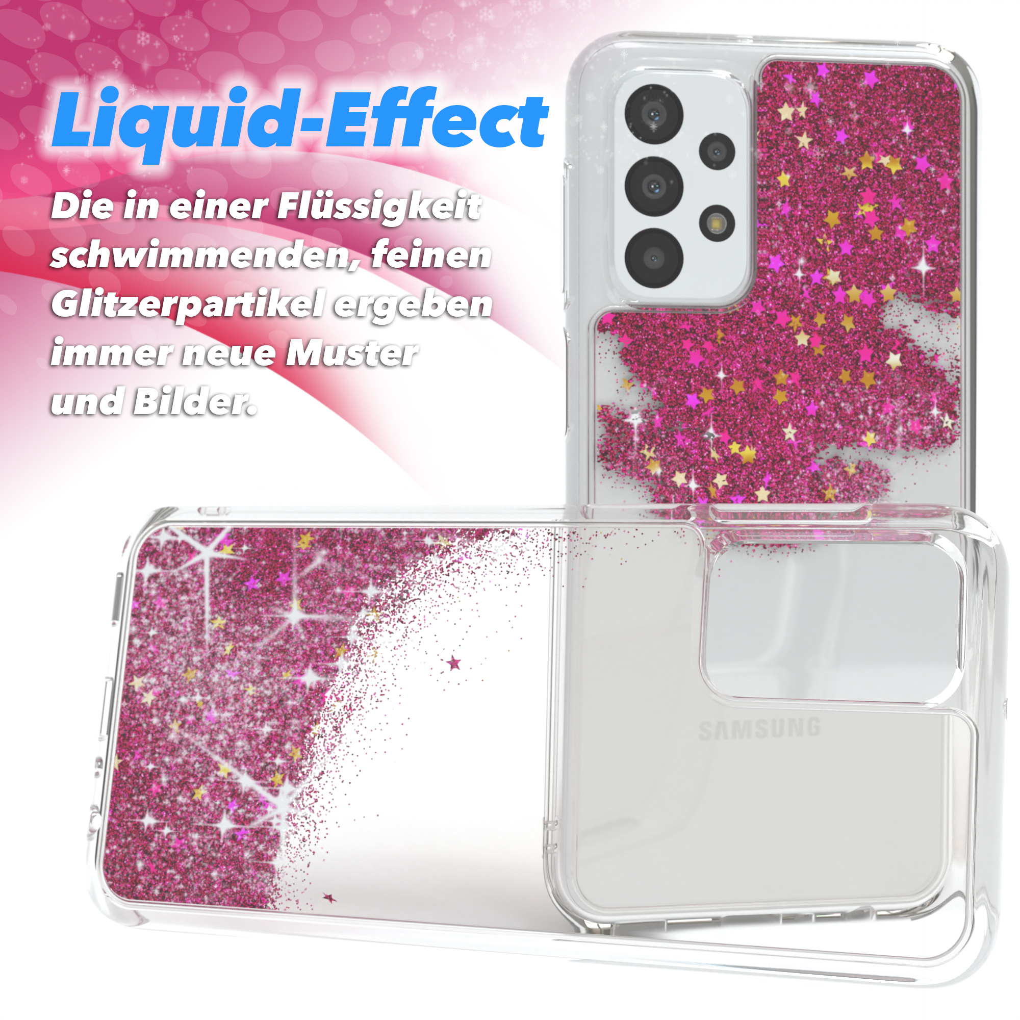 Klar Handyhülle mit pinkfarbenen Glitzer und Sternen. Der Text "Liquid-Effect" steht oben links.