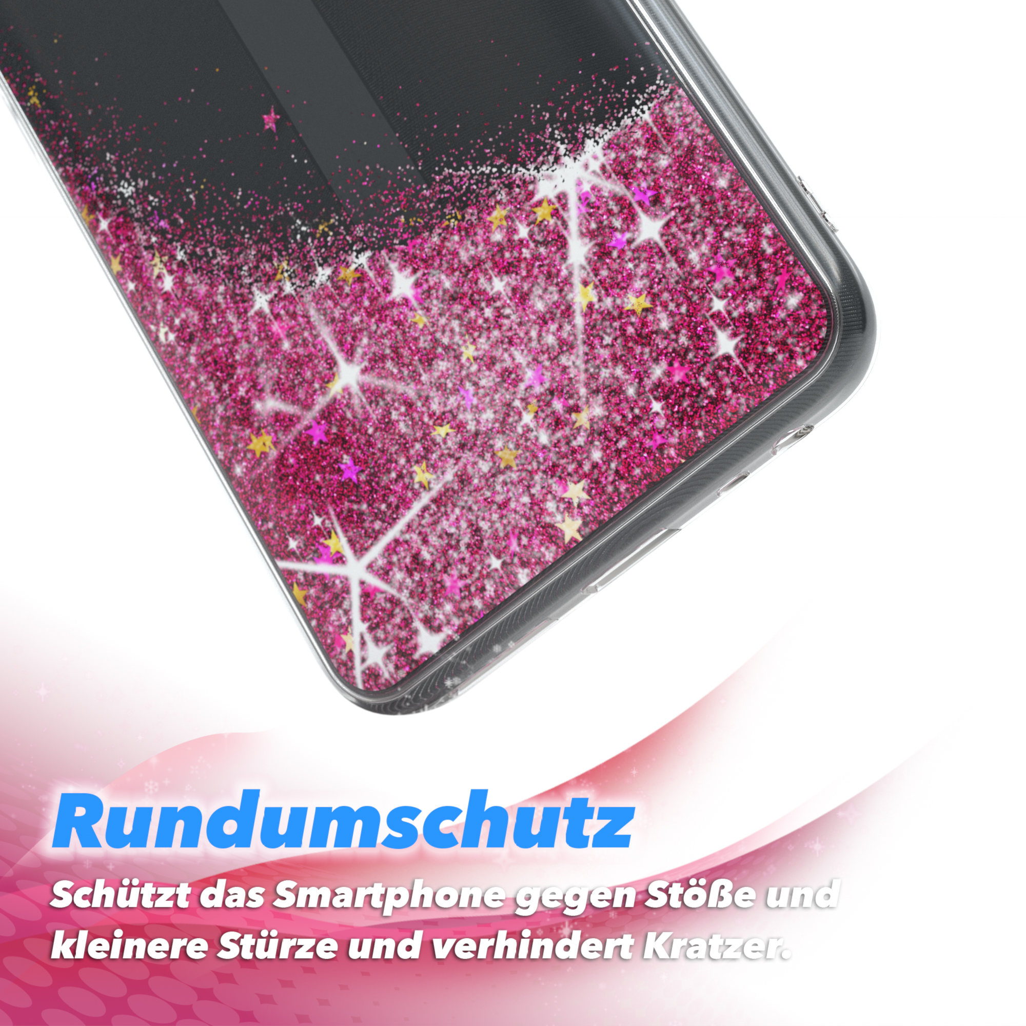 Handyhülle mit rosa Glitzereffekt. Die Hülle hat ein klares Design mit rosa Glitzersternen und einem rosa Rand.