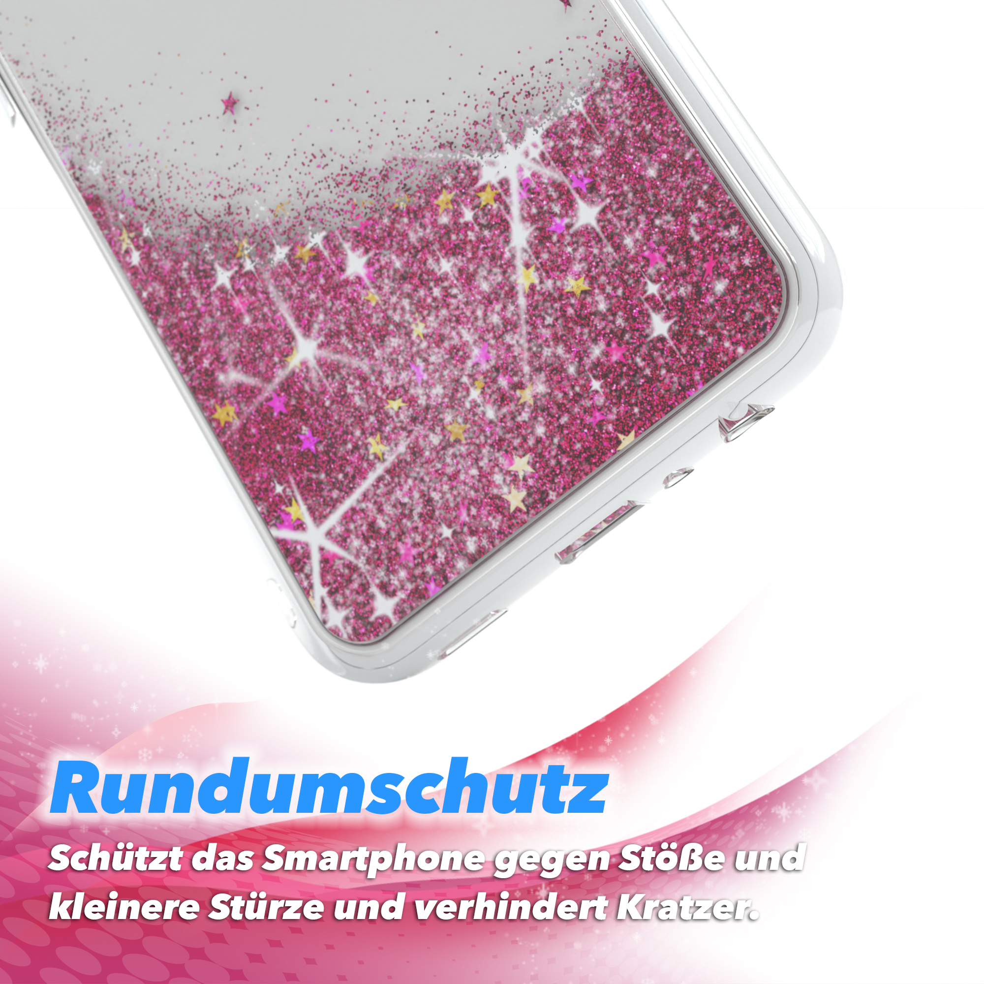 Nahaufnahme einer Handyhülle mit rosa Glitzer und Sternen, mit Text über Schutz.