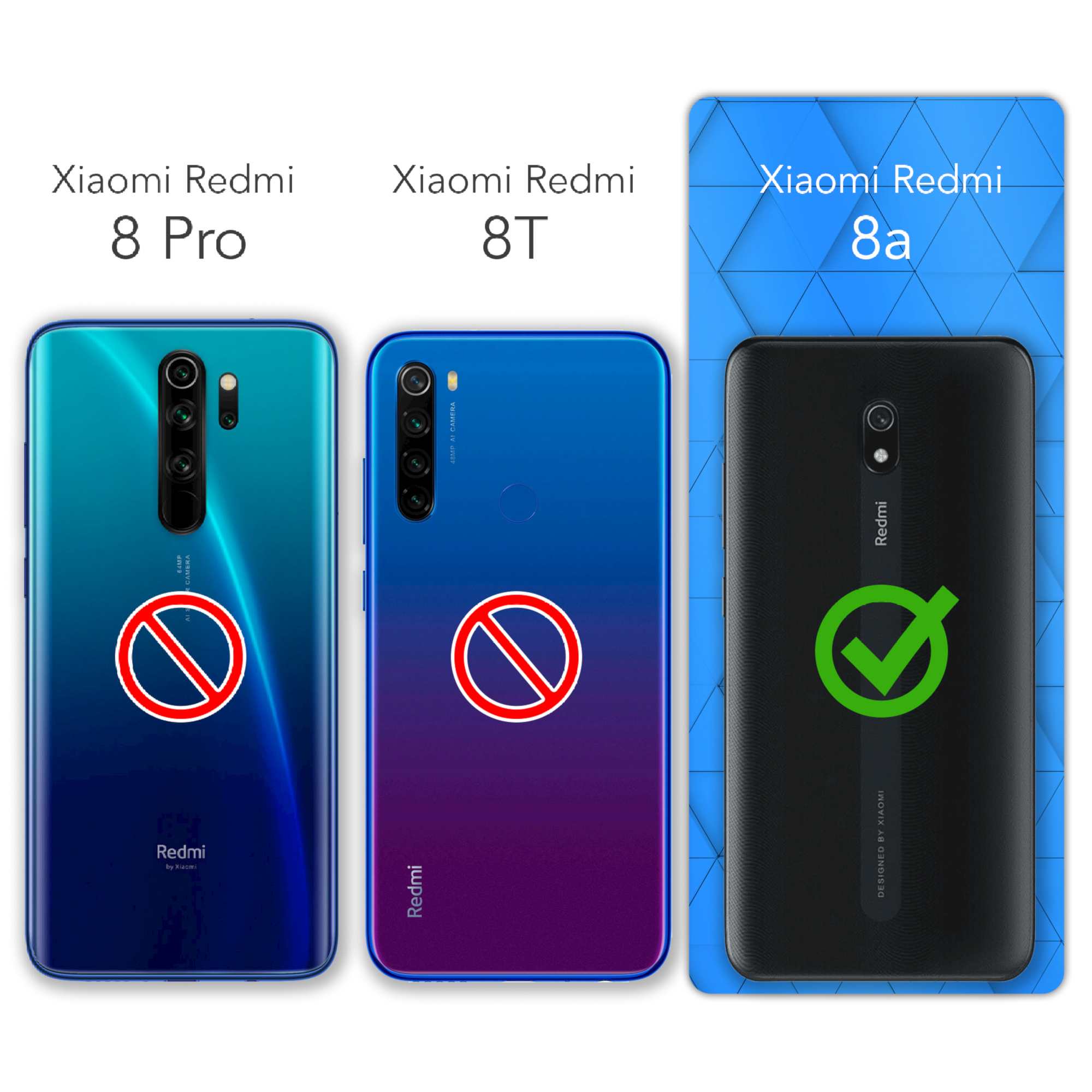 Drei Smartphones mit verschiedenen Modellen, Häkchen auf einem.