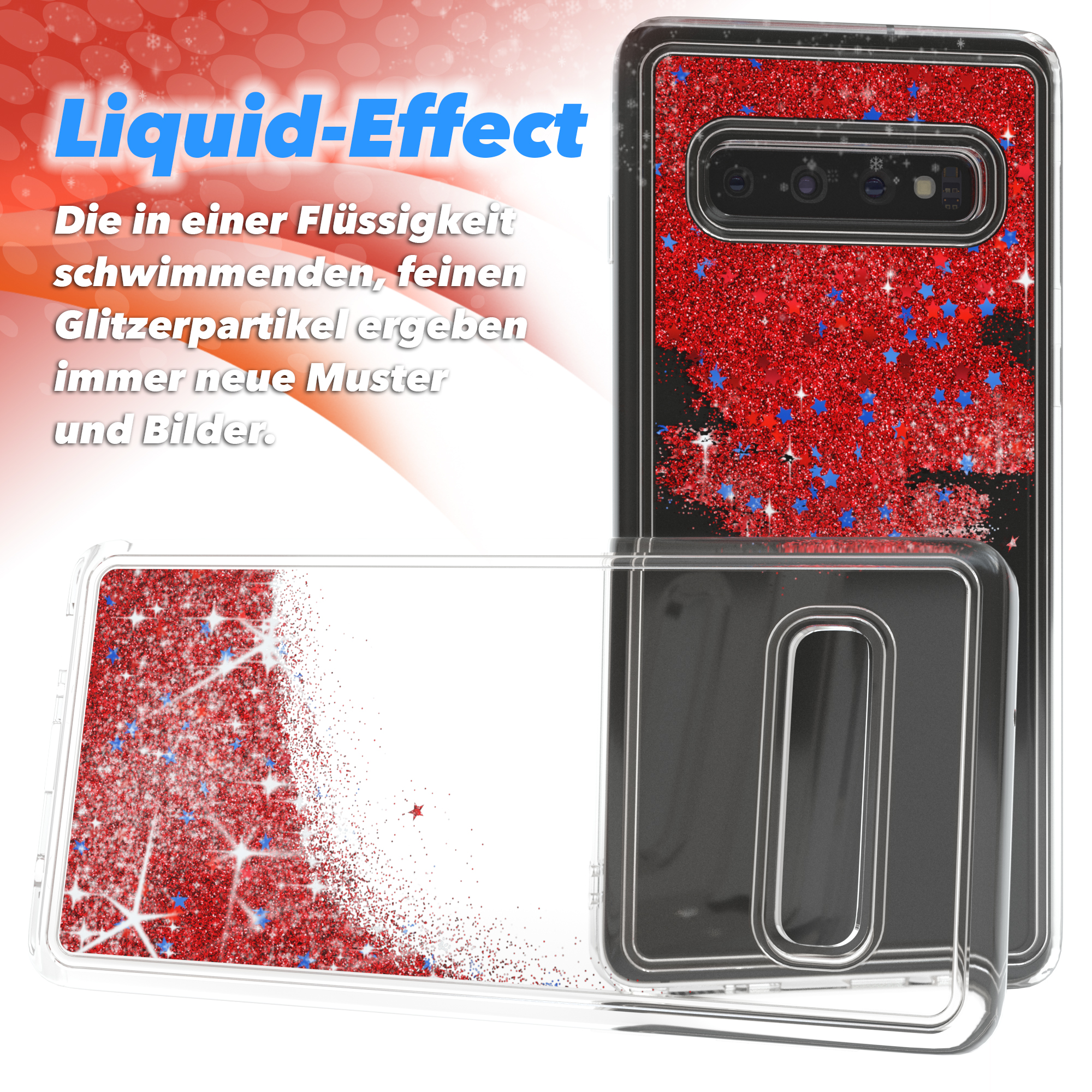 Zwei Handyhüllen mit Glitzer und Glanz. Eine Hülle offen, zeigt roten Glitzer.