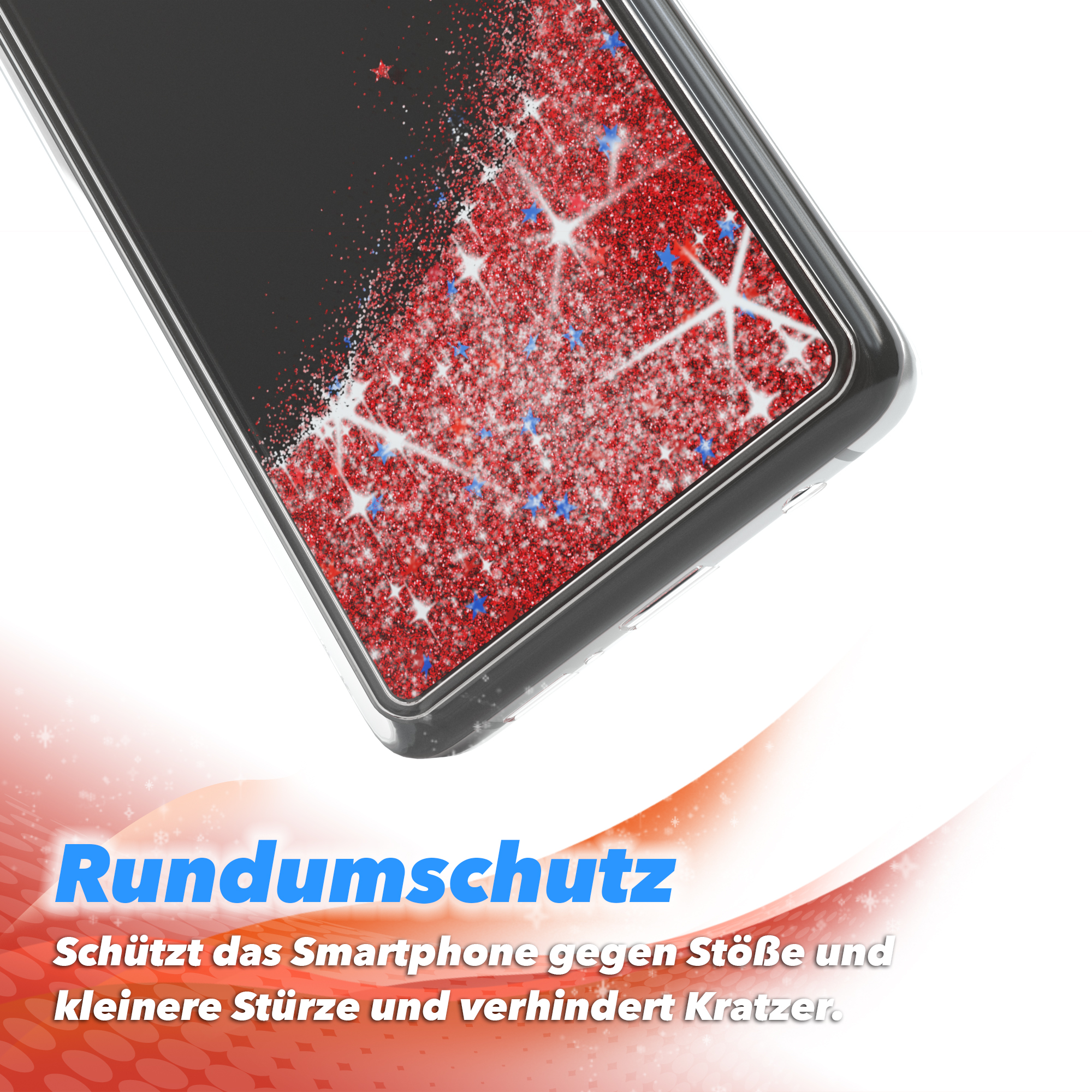 Nahaufnahme, Handyhülle, rote Glitzer Sterne. Schützt vor Stößen und Kratzern.