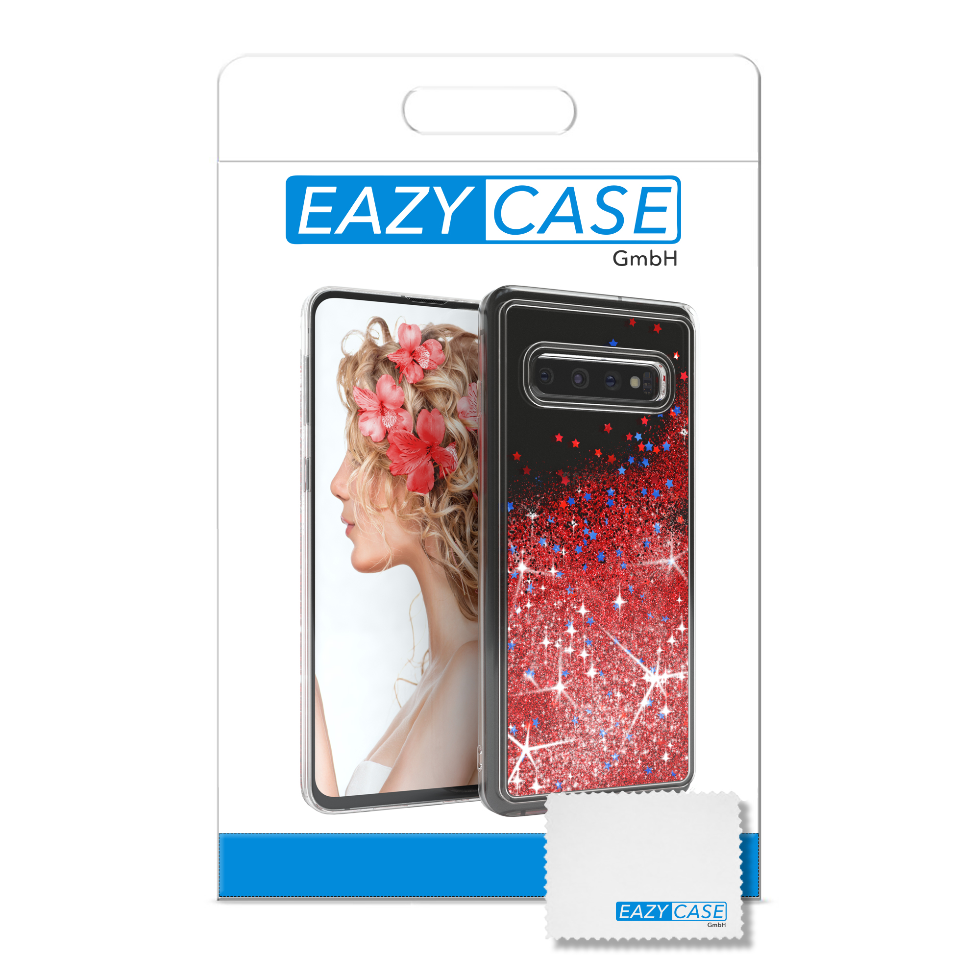 Handyhüllenverpackung mit einem Telefon und einem Frauenprofil. Die Hülle hat roten und blauen Glitzer.