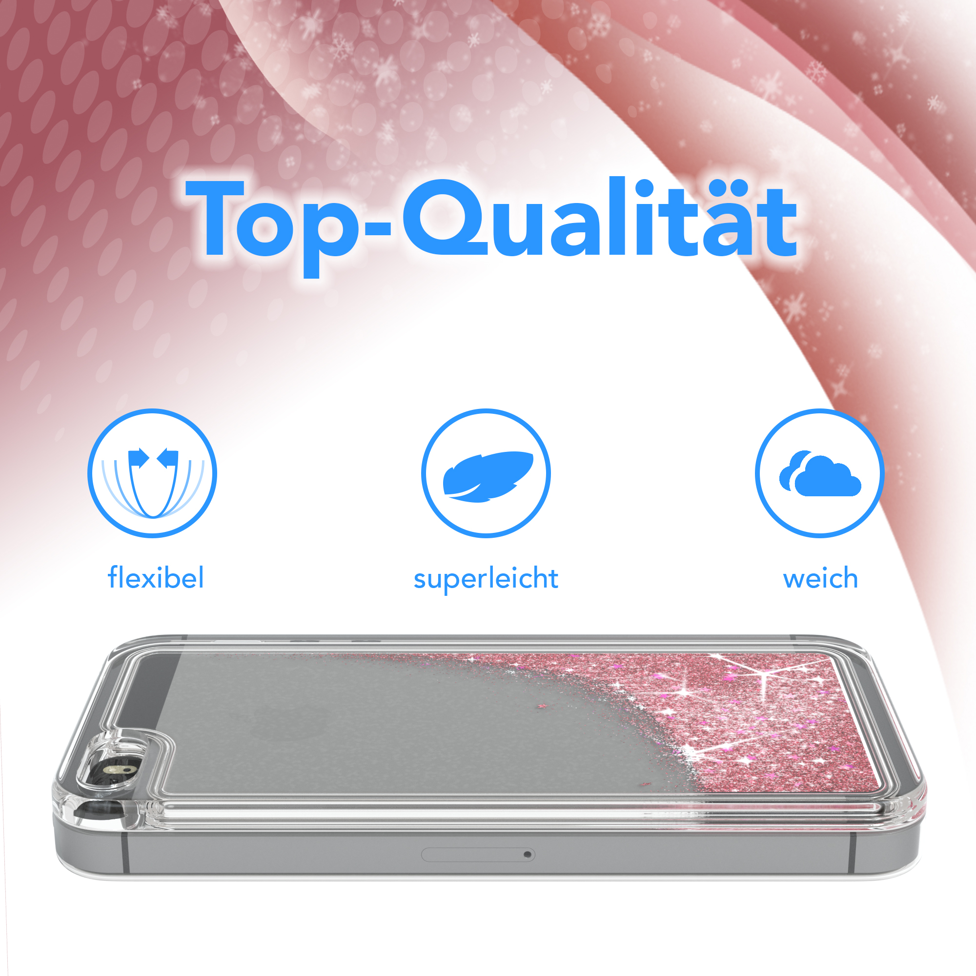 Transparente Handyhülle mit pinkfarbenem Glitzer und den Worten Top-Qualität. Flexibel, superleicht und weich.