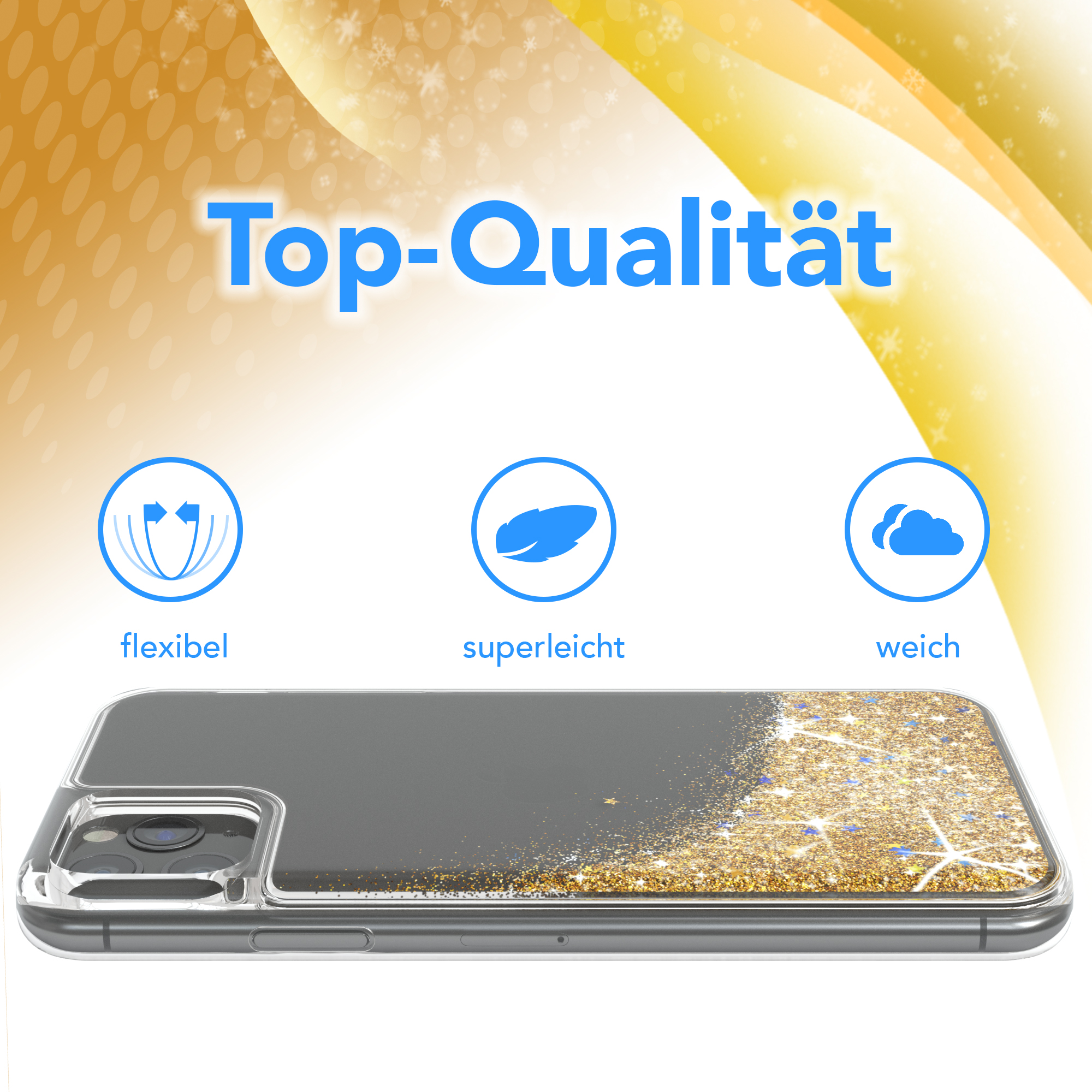 Transparente Handyhülle mit goldenem Glitzer. Text: Top-Qualität, flexibel, superleicht und weich. Ein Telefon ist drin.