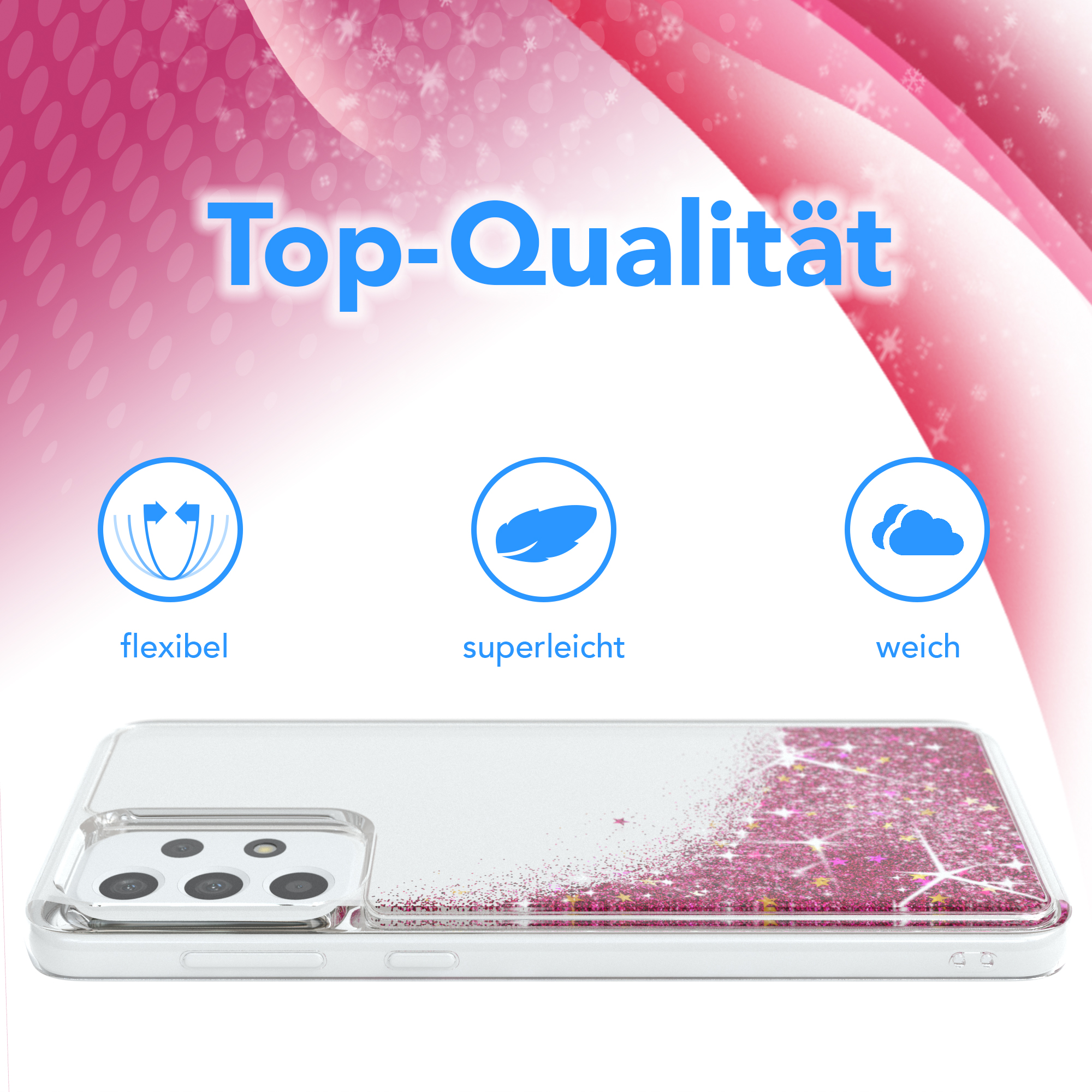 Handyhülle mit pinkfarbenem Glitzer und Sternen oben, darüber der Text 'Top-Qualität'.