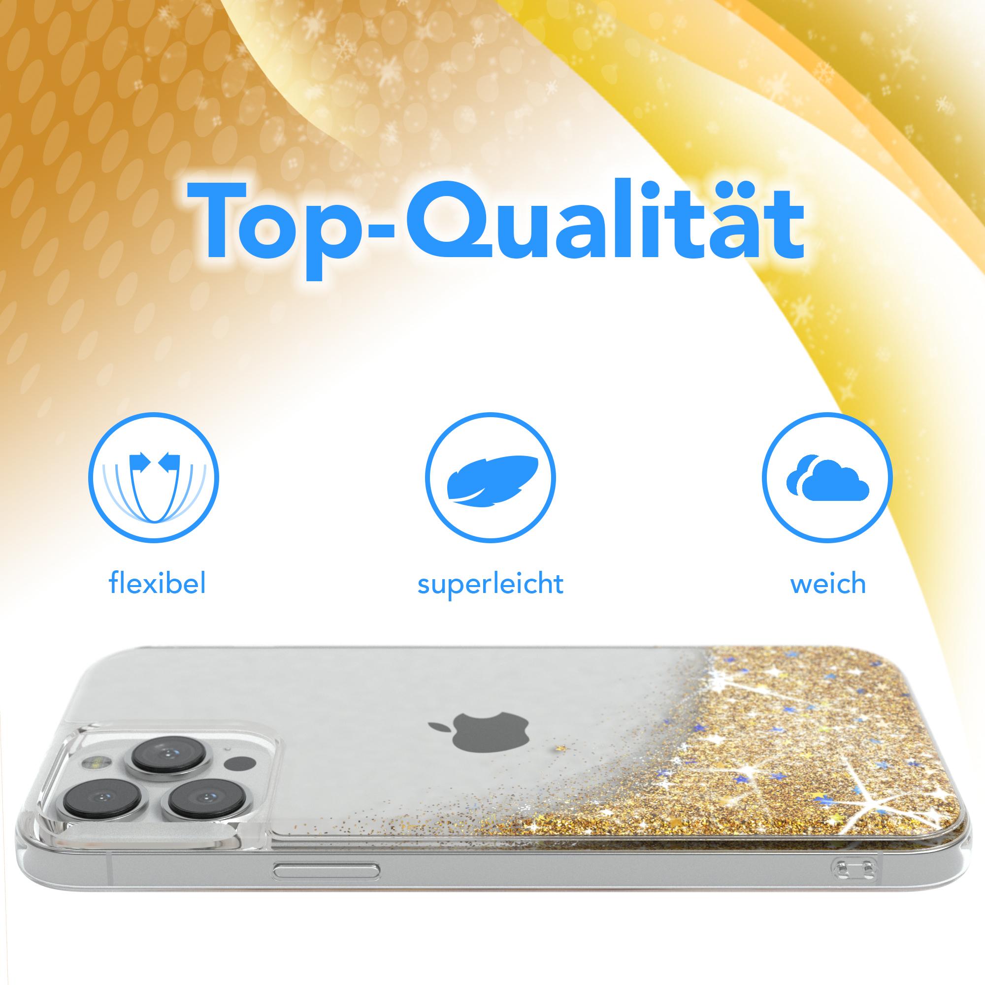 Handyhülle mit Goldglitzer. Die Hülle liegt auf einer weißen Oberfläche. Das Apple-Logo ist sichtbar.