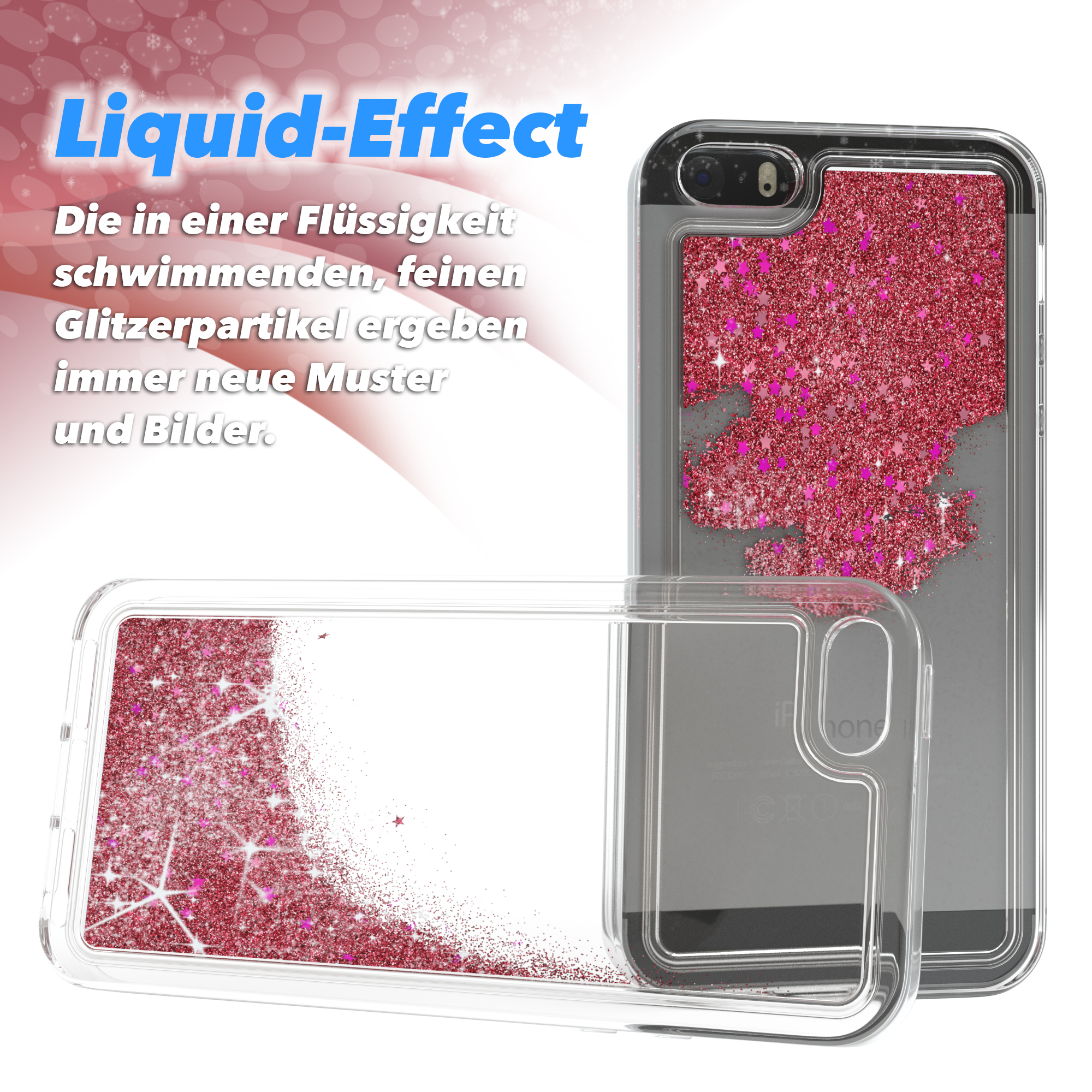 Transparente Hülle mit rosa Glitzer und Sternen, Flüssig-Effekt.