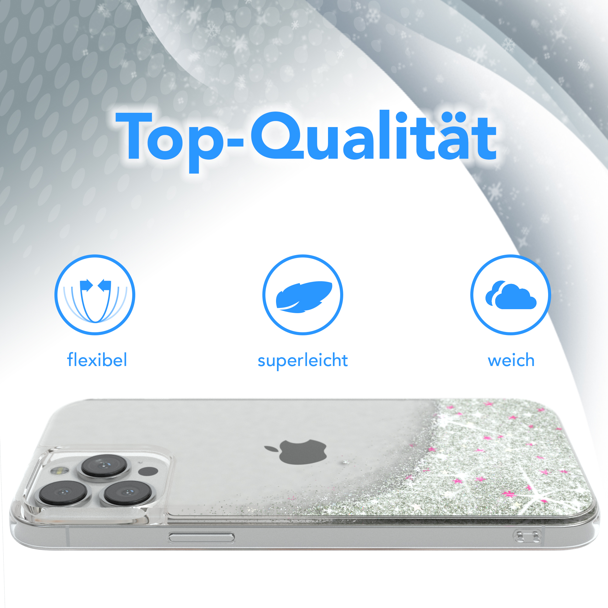 Klare Handyhülle mit Glitzer auf weißem Hintergrund. Text sagt Top-Qualität mit Symbolen.