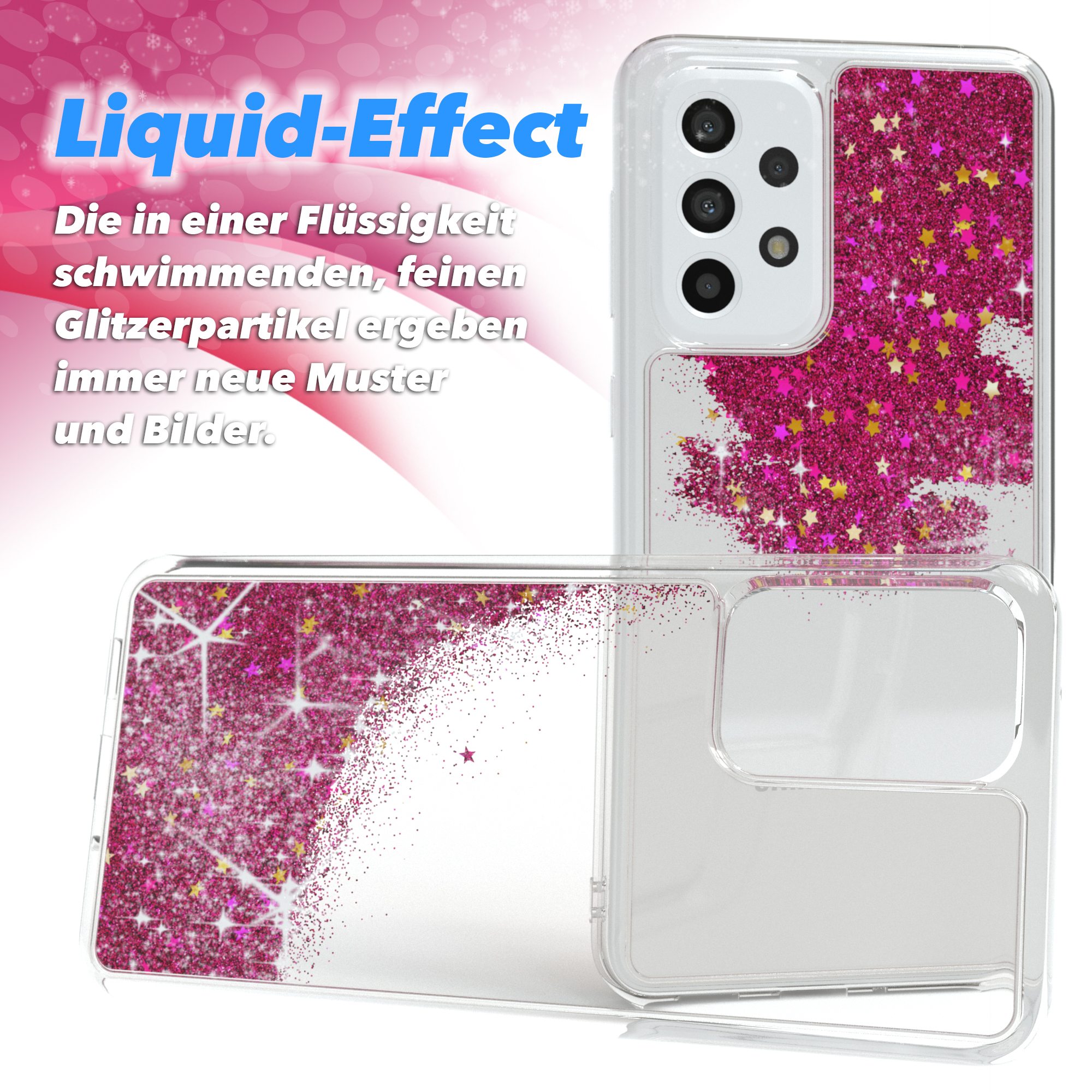 Klare Handyhülle mit pinkfarbenen Glitzersternen, mit Flüssigkeitseffekt und Text auf Deutsch.