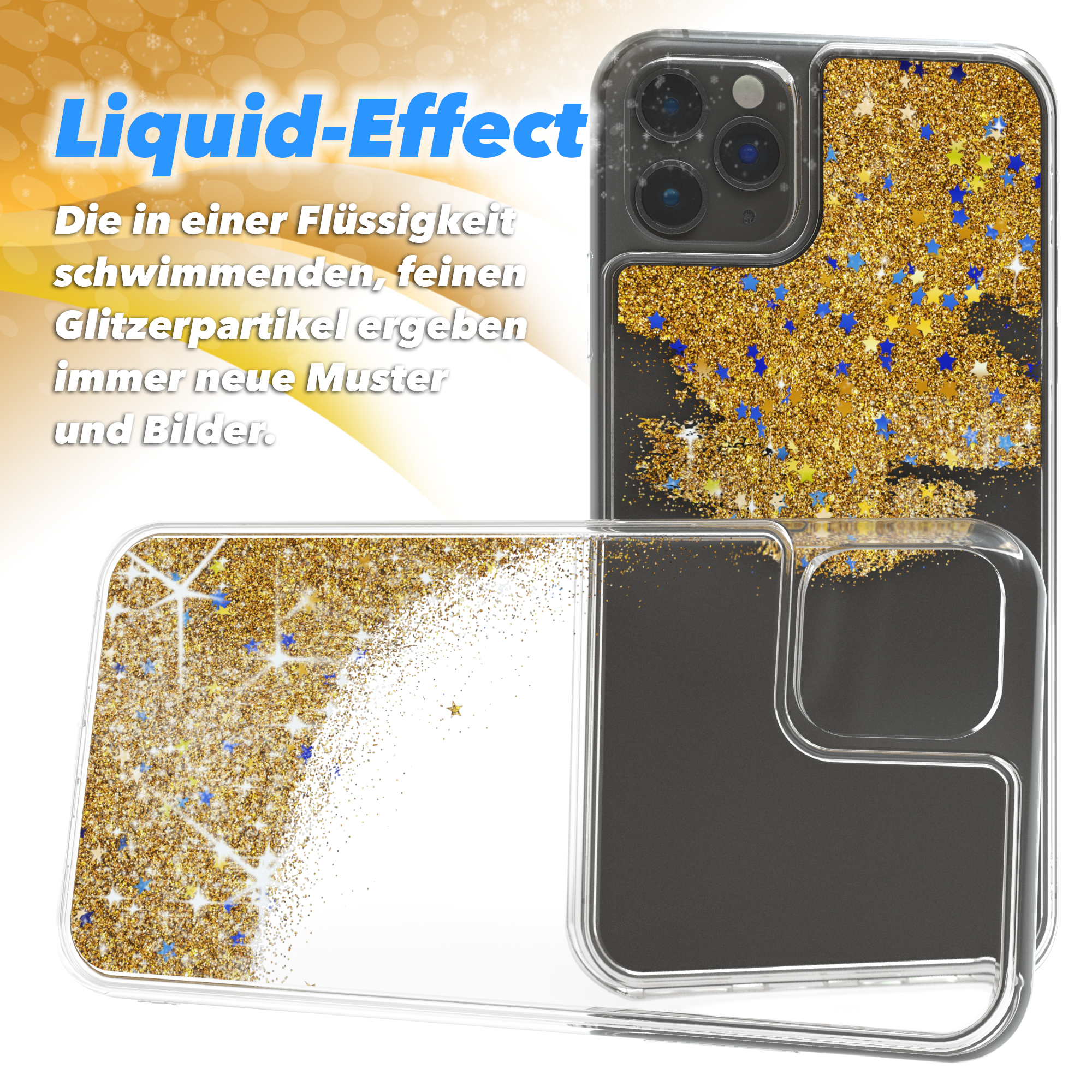 Handyhülle mit goldenem Glitzer und blauen Sternen. Text sagt Liquid-Effekt.