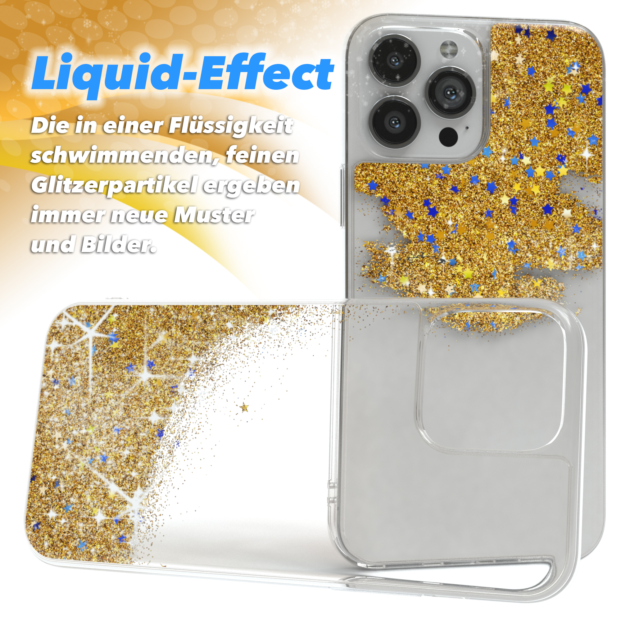 Handyhülle mit Glitzer. Flüssigkeitseffekt mit goldenem Glitzer und blauen Sternen. Hülle ist klar.