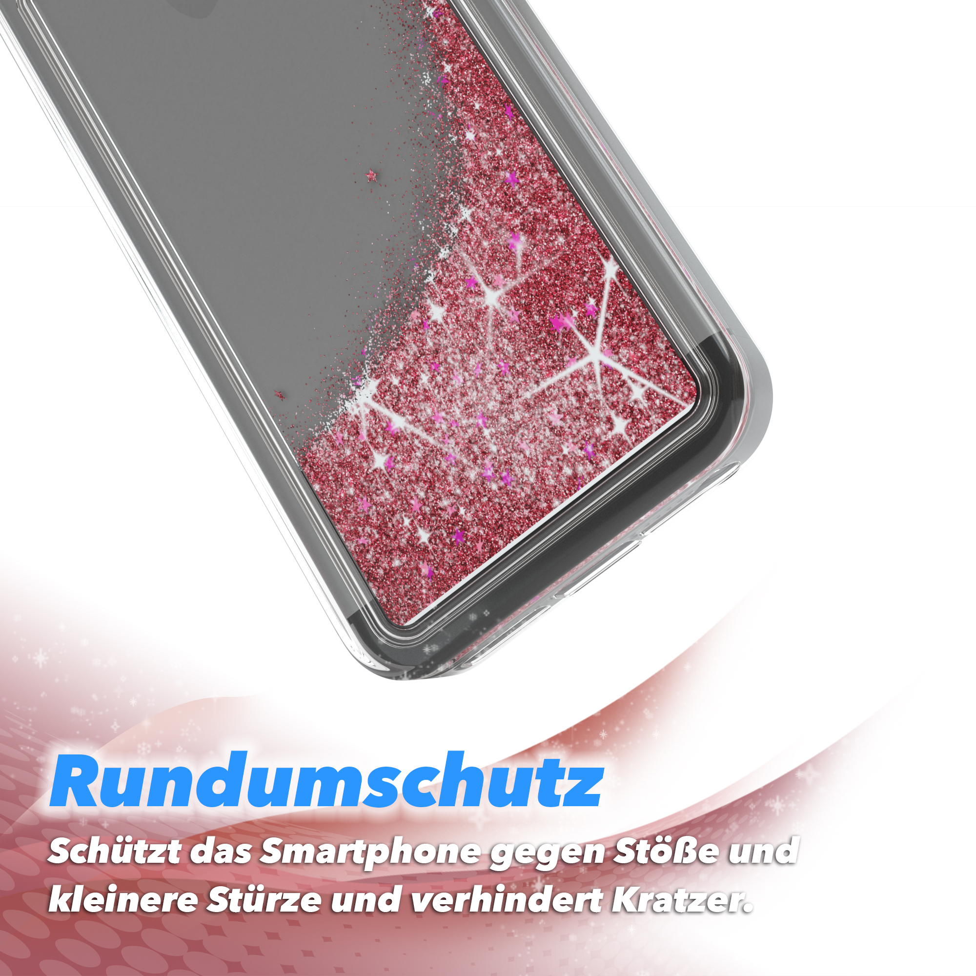 Handyhülle mit pinkfarbenem Glitzer, Nahaufnahme, die die Hülle um das Telefon zeigt. Weißer Hintergrund.
