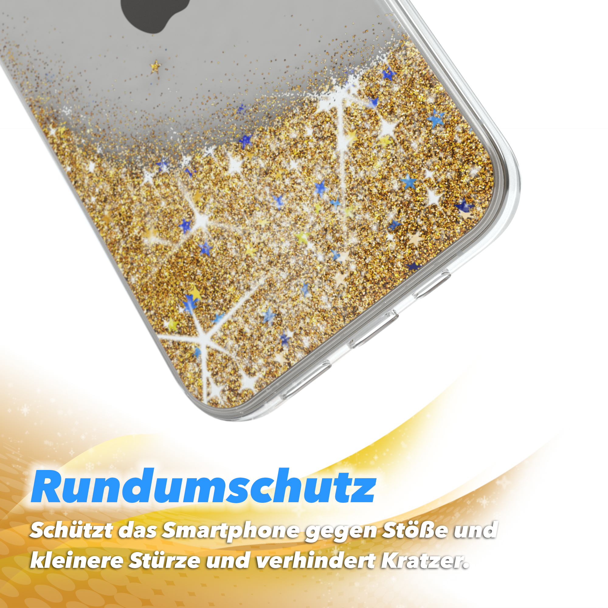 Handyhülle mit Glitzer auf weißem Hintergrund, Nahaufnahme.