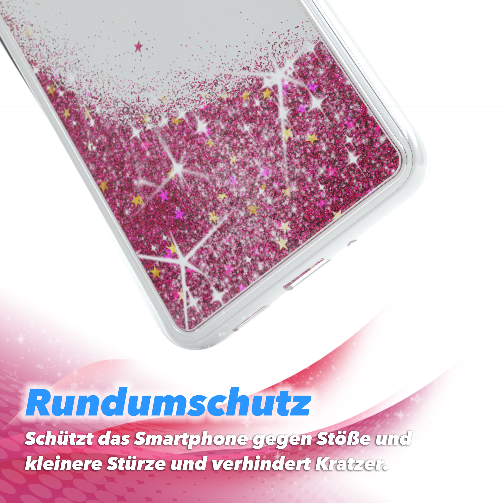 Nahaufnahme: Handyhülle mit rosa Glitzer und Sternen. Text: Schützt vor Stößen und Kratzern.