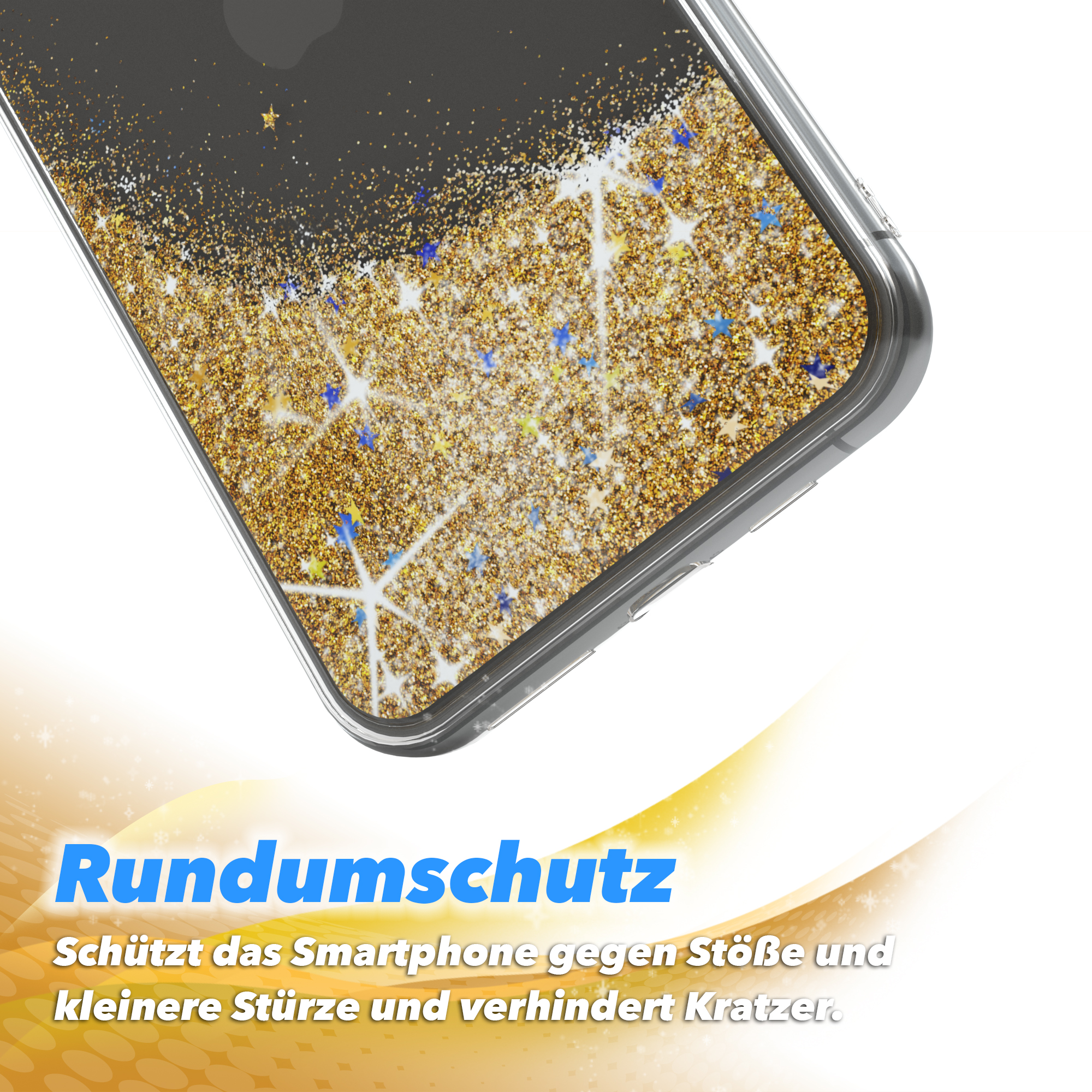 Nahaufnahme einer Handyhülle mit goldenem Glitzerdesign. Der Text 'Rundumschutz' steht unten.