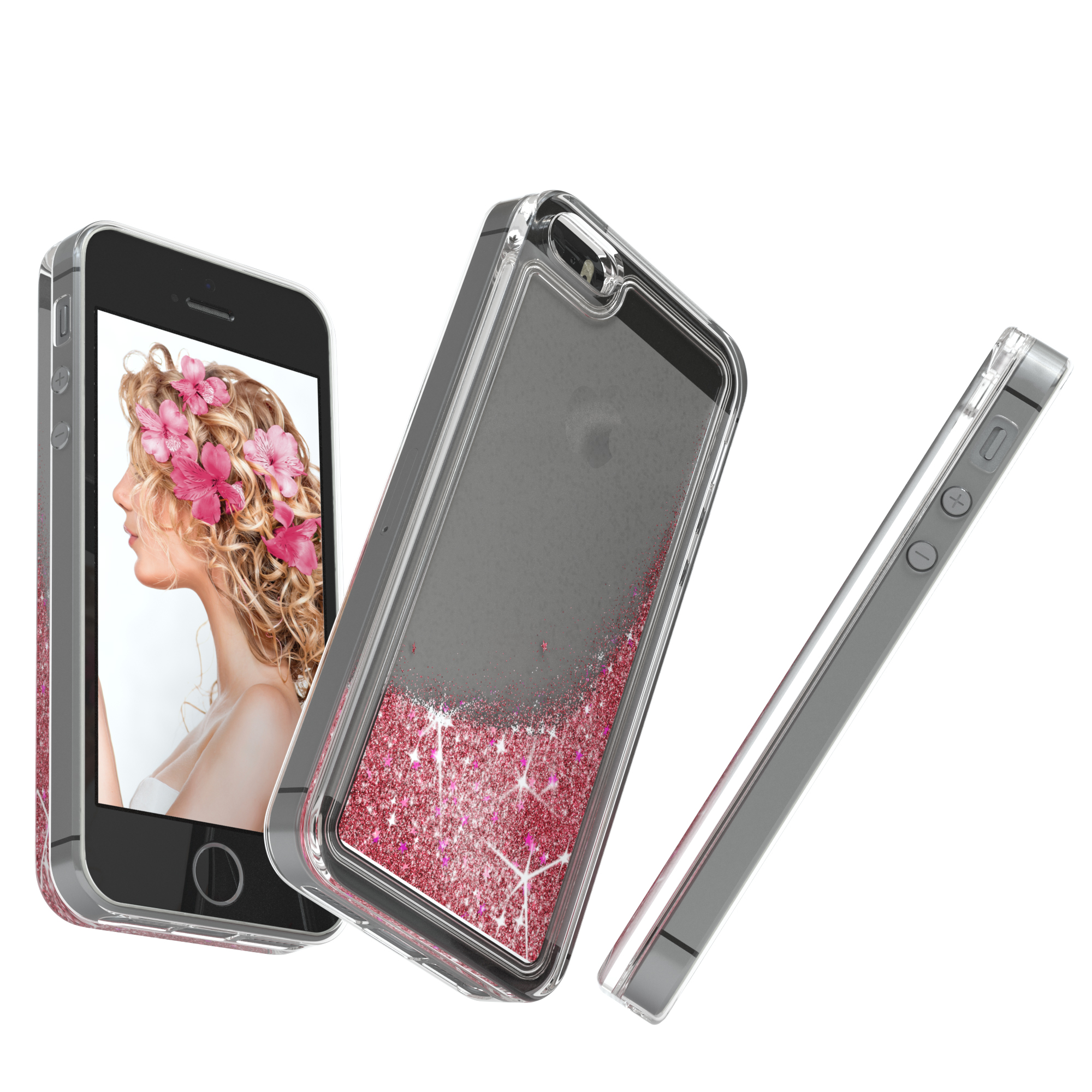 Handyhülle mit Flüssigkeit und Glitzer. Rosa Glitzer. Das Telefon ist in der Hülle. Es gibt auch andere Teile der Hülle.