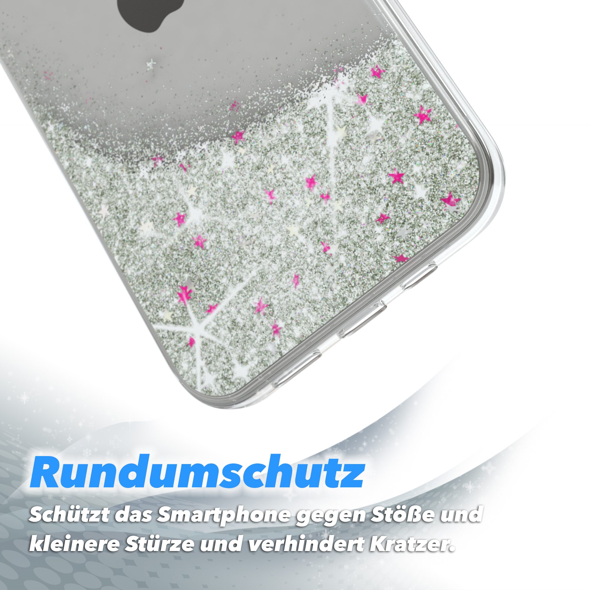 Nahaufnahme einer Handyhülle mit glitzerndem, silbernem und rosa Design.