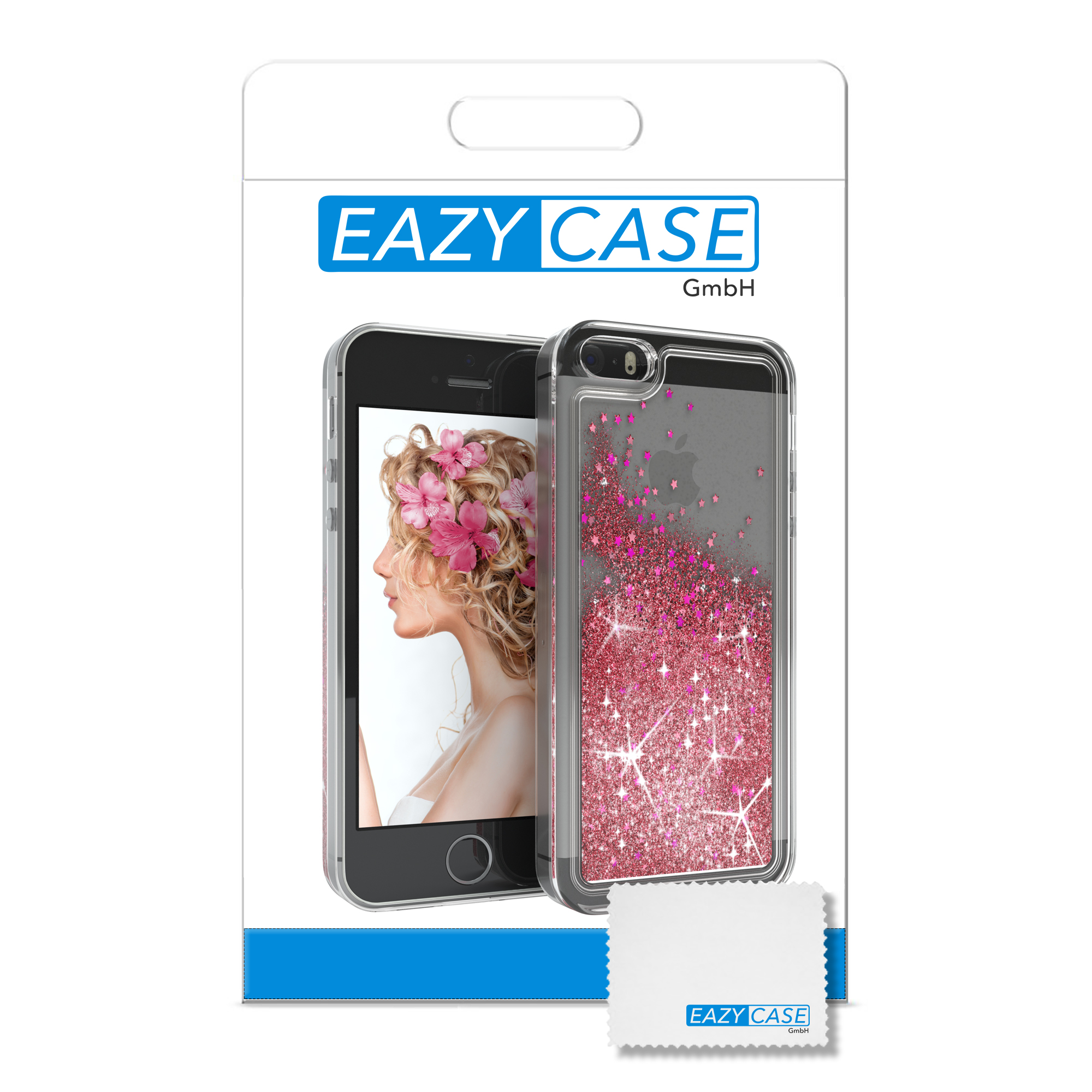 Telefon in einer Hülle in der Verpackung. Foto einer Frau auf dem Bildschirm des Telefons. Text: EAZY CASE.