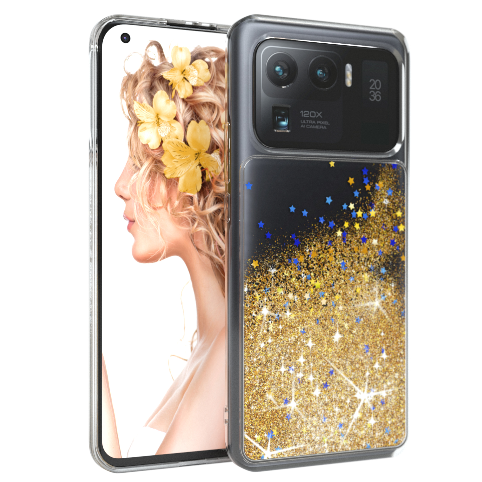 Handyhülle mit goldenem Glitzer und Sternen, Telefon zeigt eine Frau mit gelben Blumen.