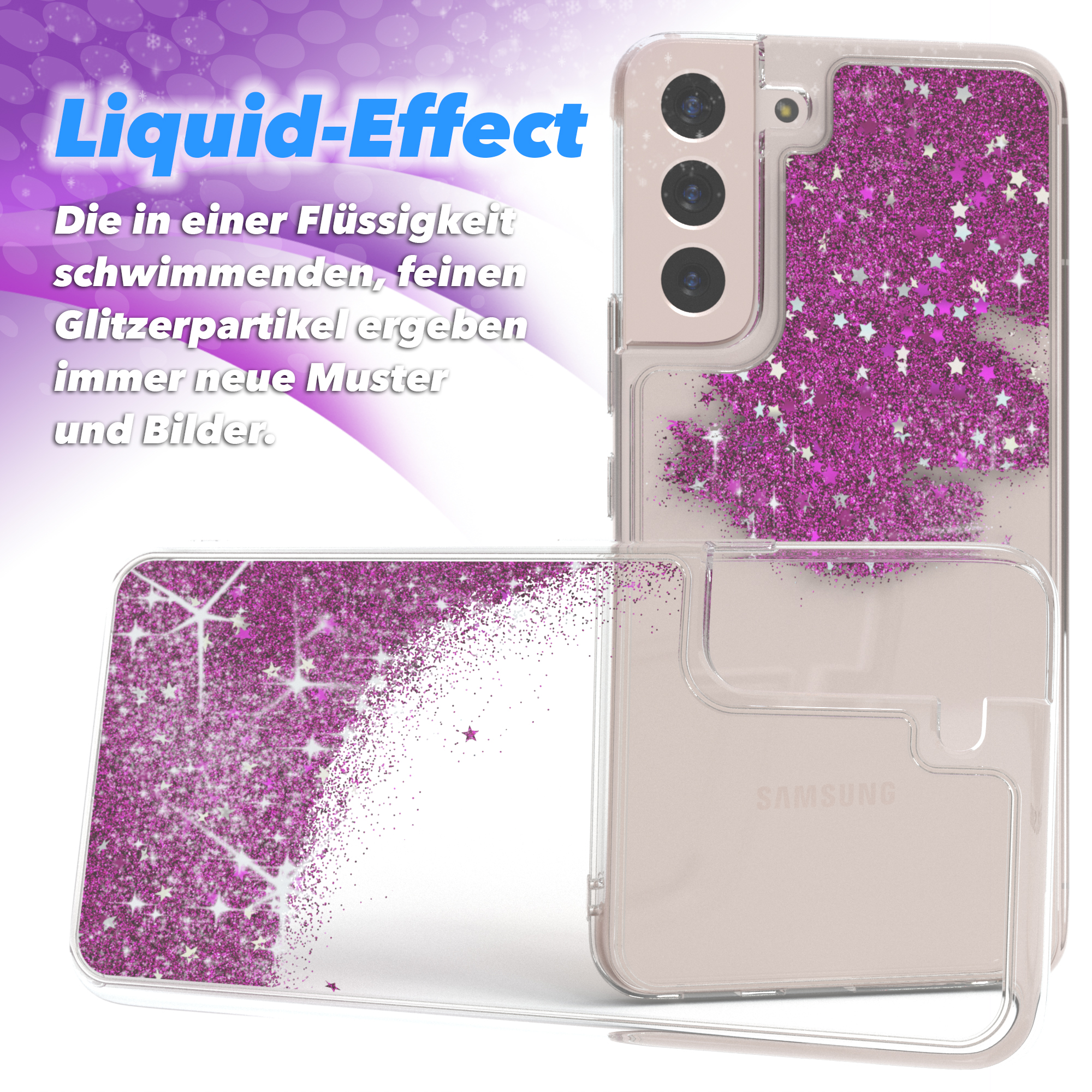 Handyhülle mit rosa Glitzer, Sterndesign. Zwei Hüllen, weißer Hintergrund mit Text und Logo.